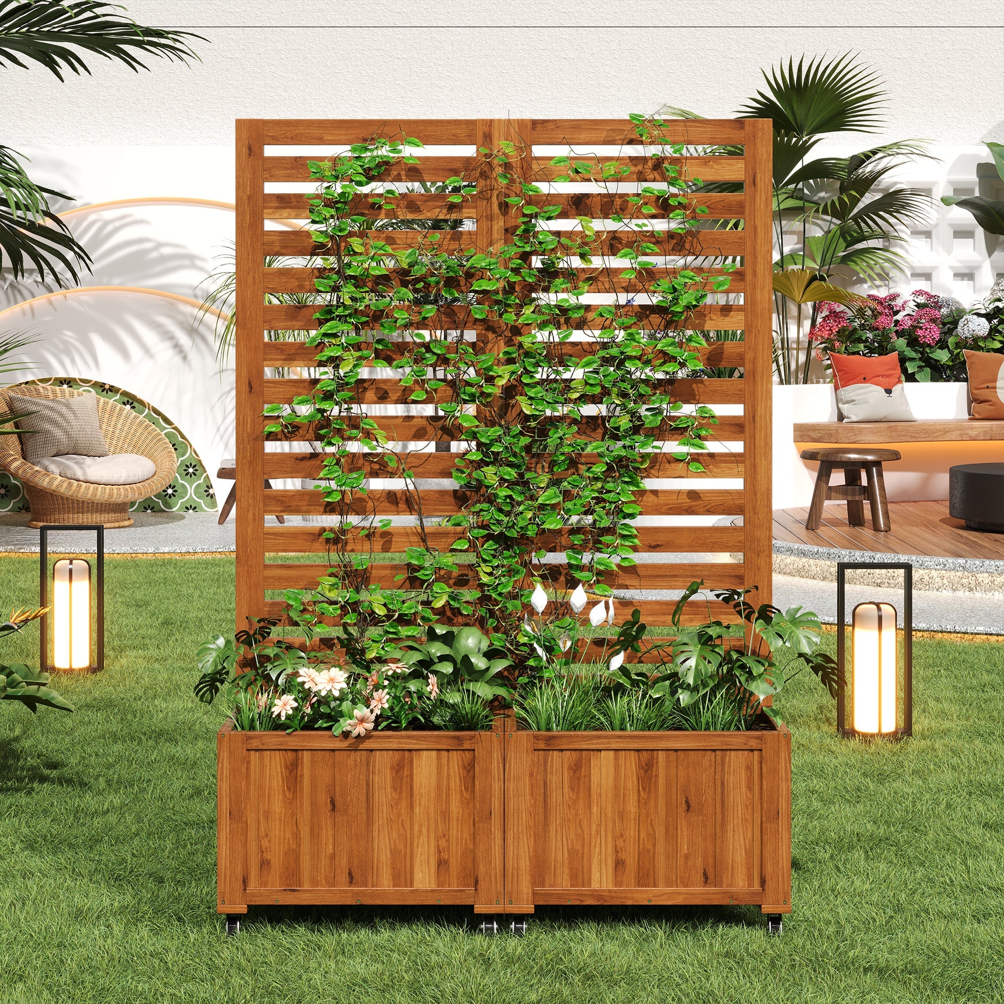 Planter Box with Trellis & Folding Wheels - Brown Solid Wood - Image 2