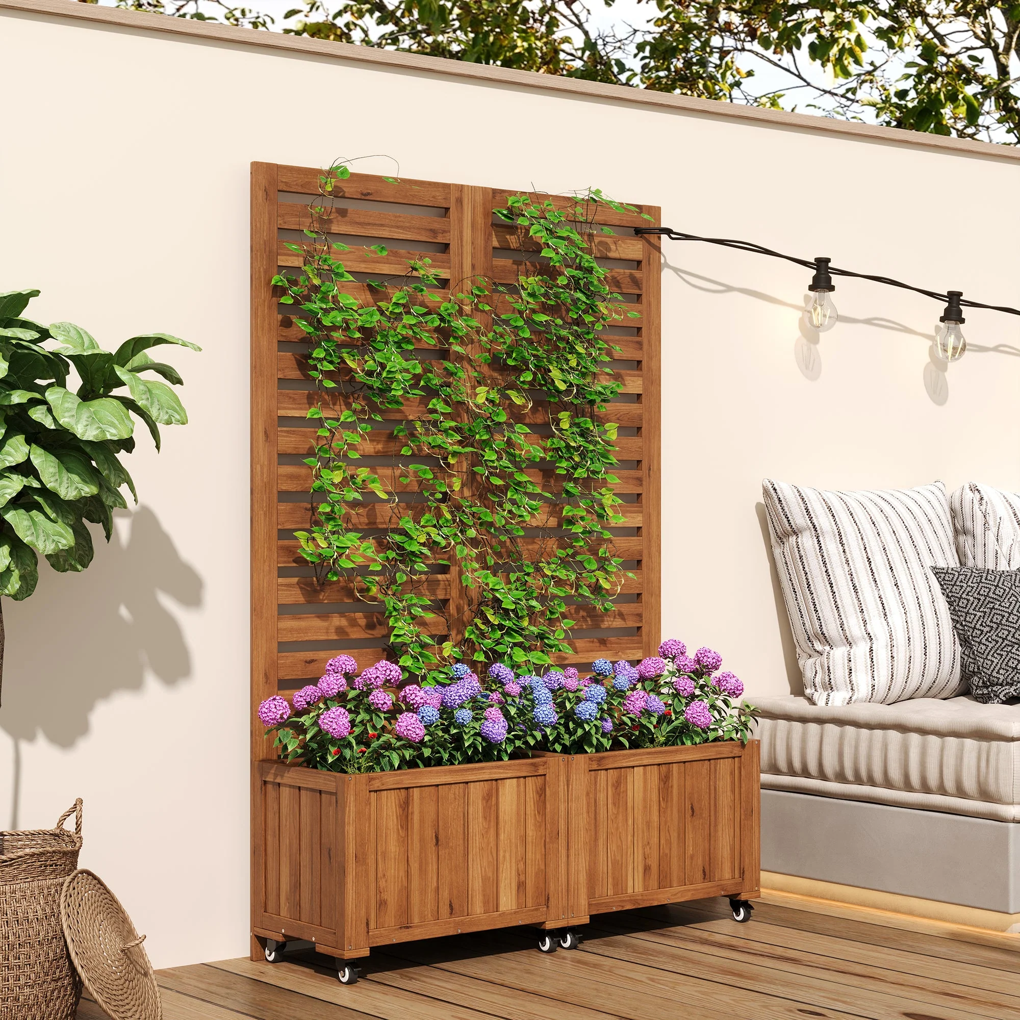Planter Box with Trellis & Folding Wheels - Brown Solid Wood - Image 3