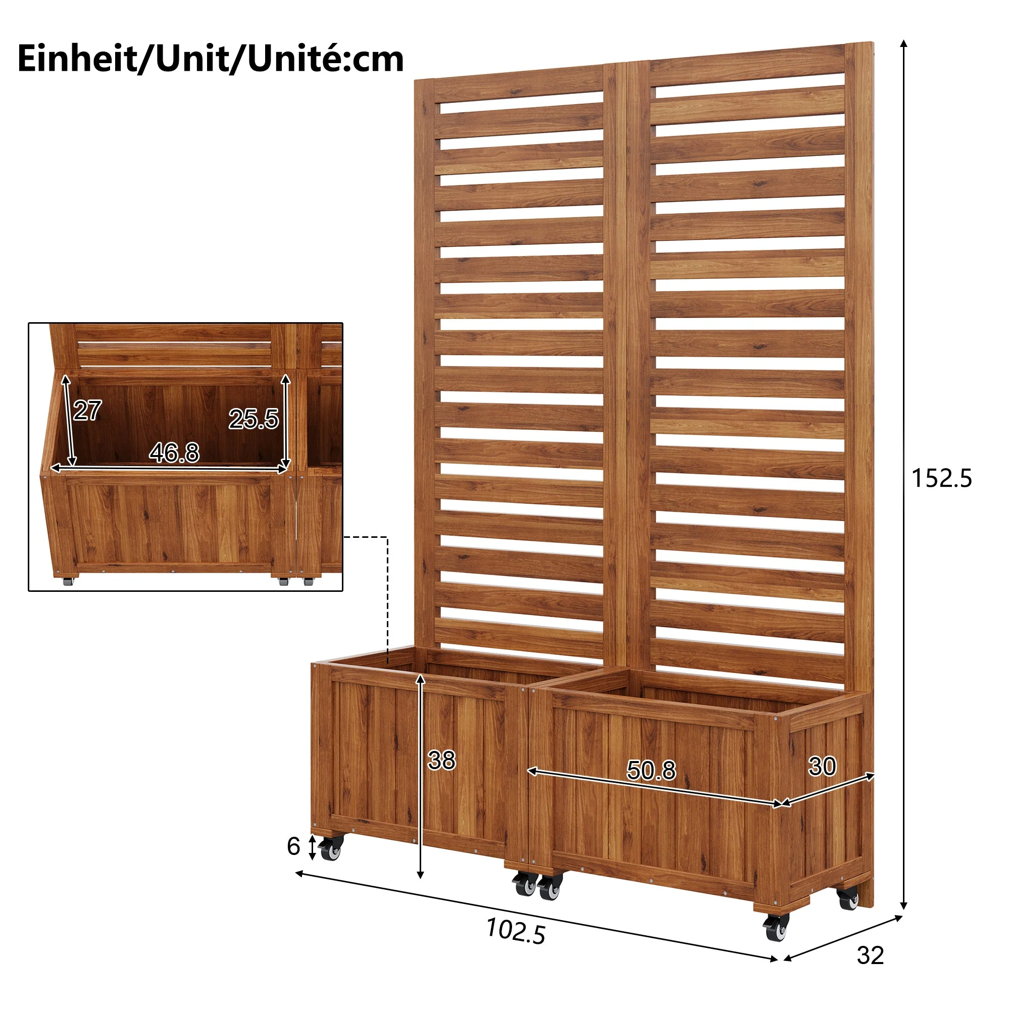 Planter Box with Trellis & Folding Wheels - Brown Solid Wood - Image 5