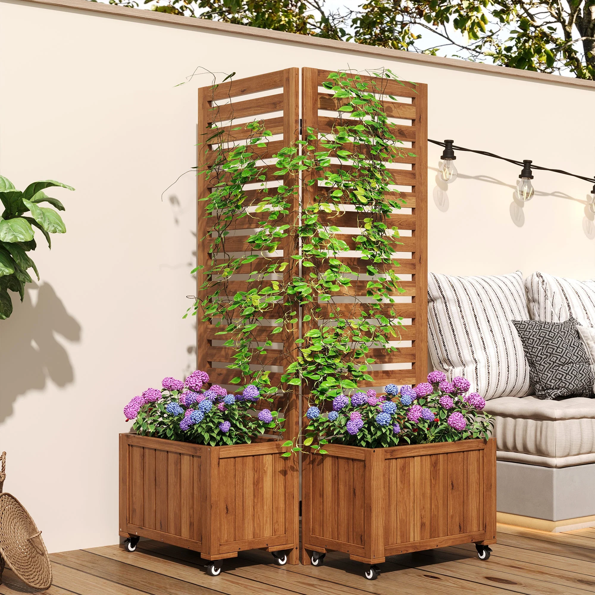 Planter Box with Trellis & Folding Wheels - Brown Solid Wood - Image 6