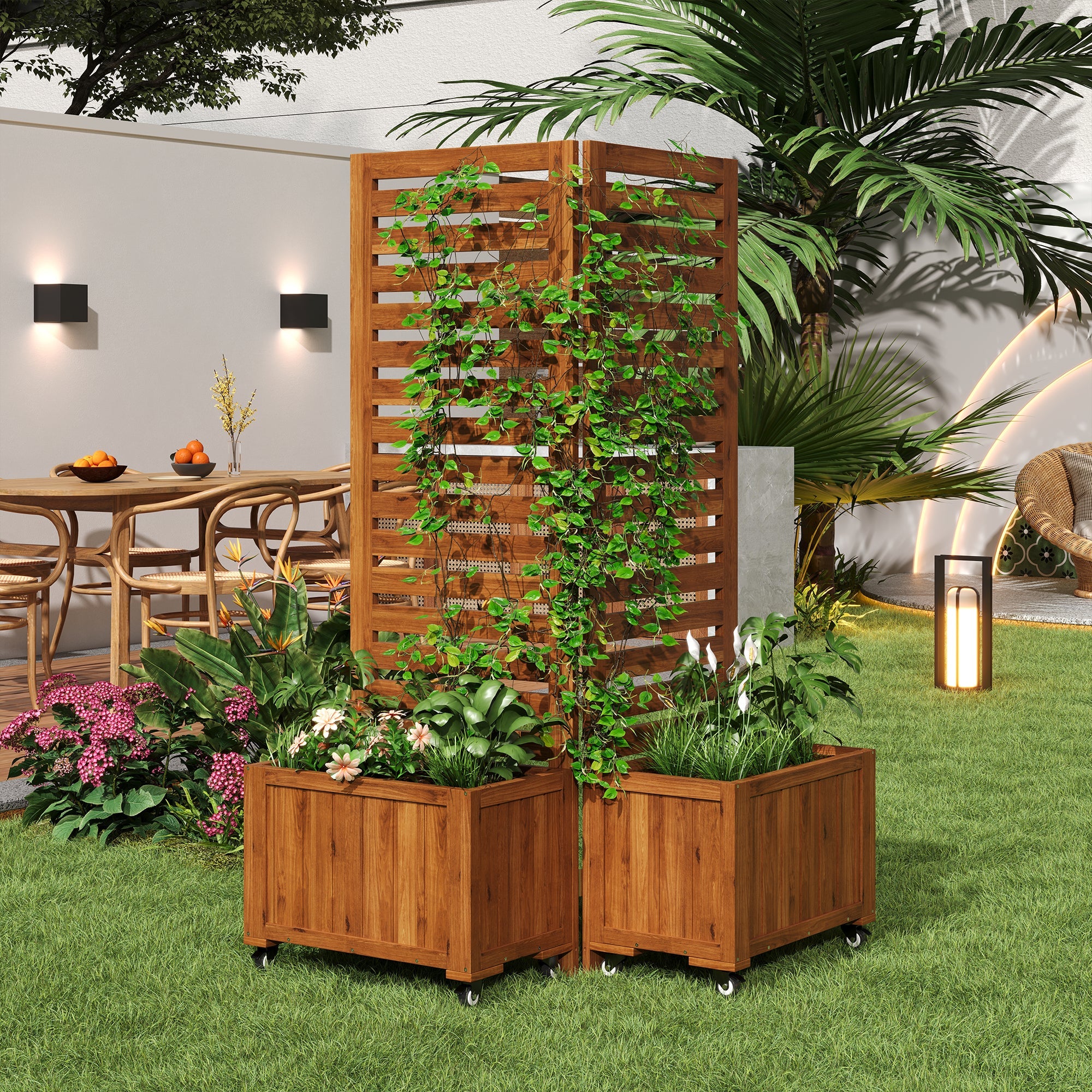 Planter Box with Trellis & Folding Wheels - Brown Solid Wood - Image 7