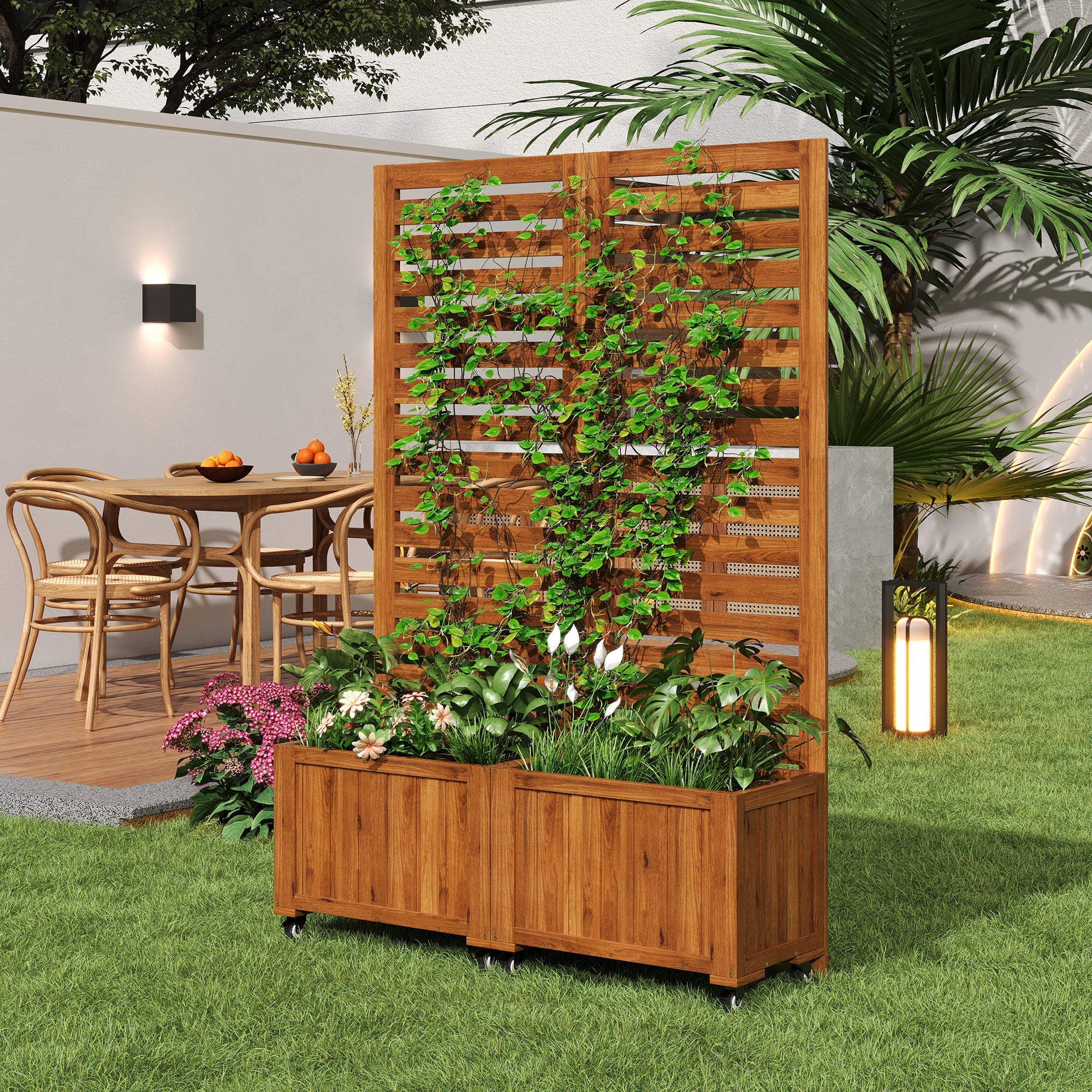 Planter Box with Trellis & Folding Wheels - Brown Solid Wood - Image 9