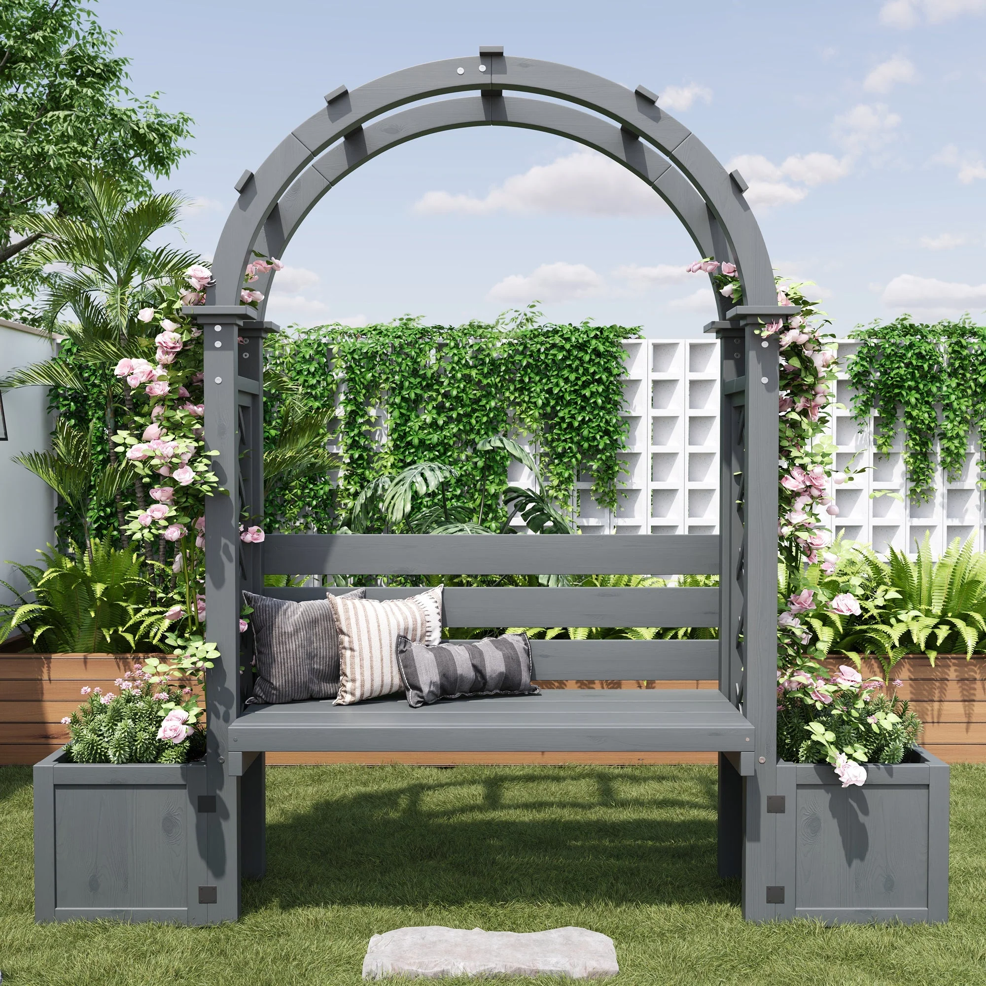 Planter with Trellis and Seating for Garden Yard and Patio, Wood - Image 9