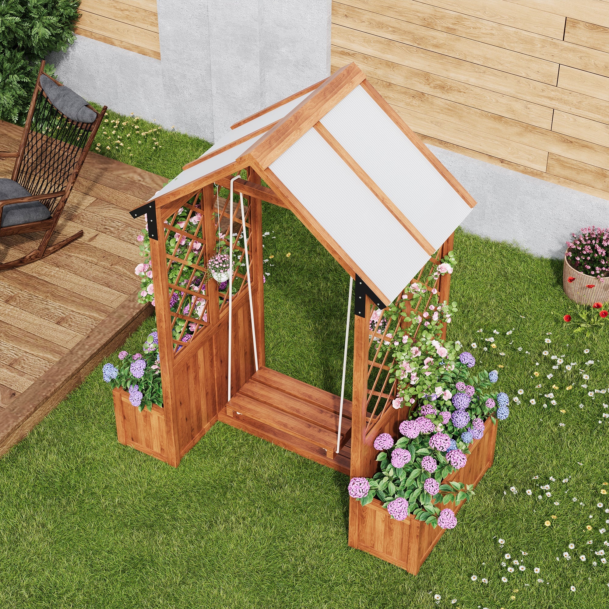 Planter with Trellis and Sunroof, Brown Solid Wood - Image 3