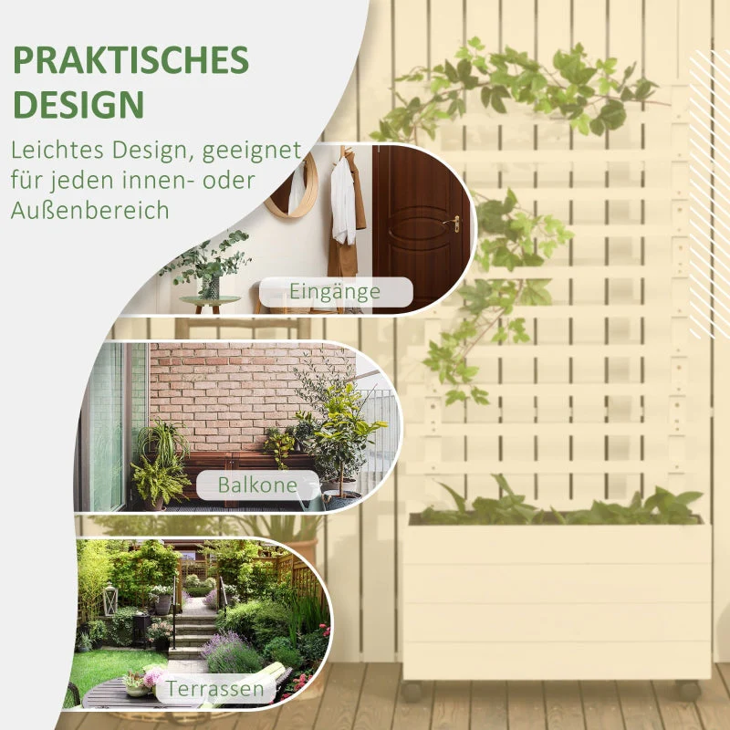 Planter with Trellis, Raised Bed with Wheels, Natural Wood White - Image 4