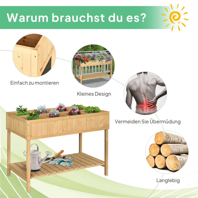 Planting Table Raised Bed, 8 Compartments with Drainage, Fir Solid Wood - Image 4