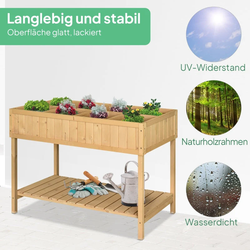 Planting Table Raised Bed, 8 Compartments with Drainage, Fir Solid Wood - Image 5