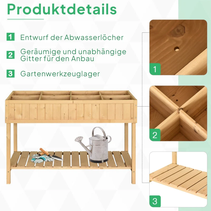Planting Table Raised Bed, 8 Compartments with Drainage, Fir Solid Wood - Image 6