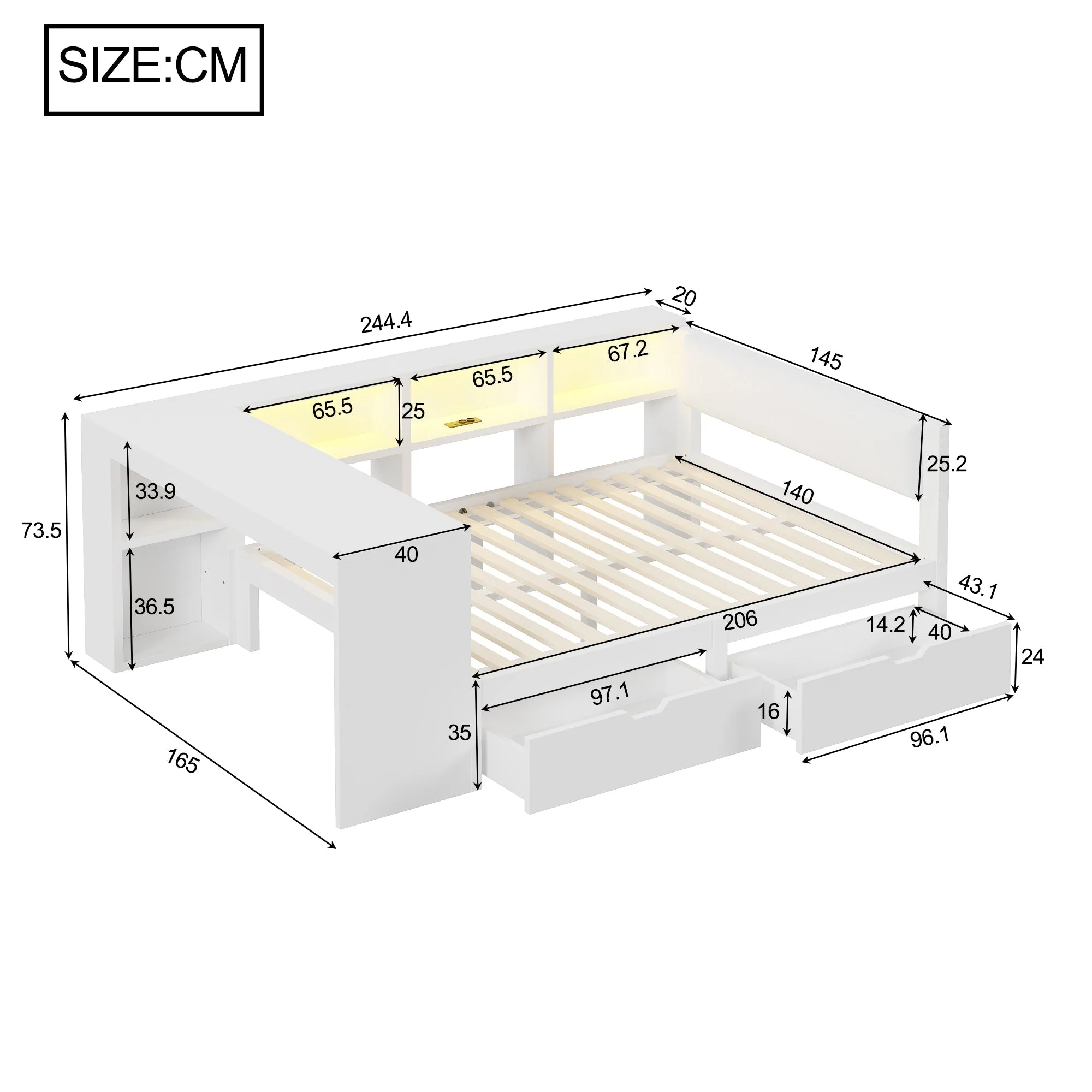 Platform Bed 140x200 Upholstered Headboard Storage Drawers LED Charge Station - White - Image 6