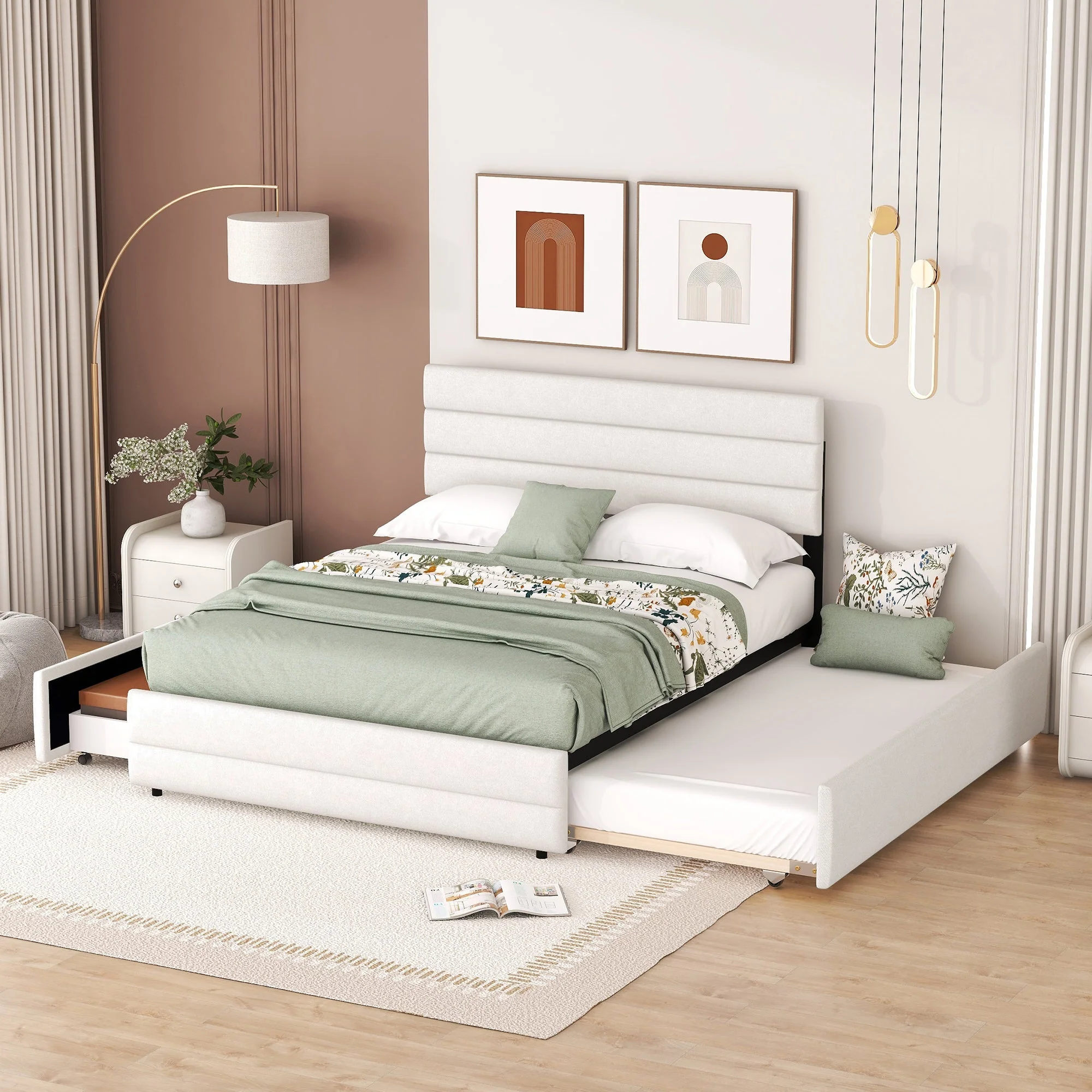 Platform Bed 140x200 with 2 Drawers - Beige - Image 4