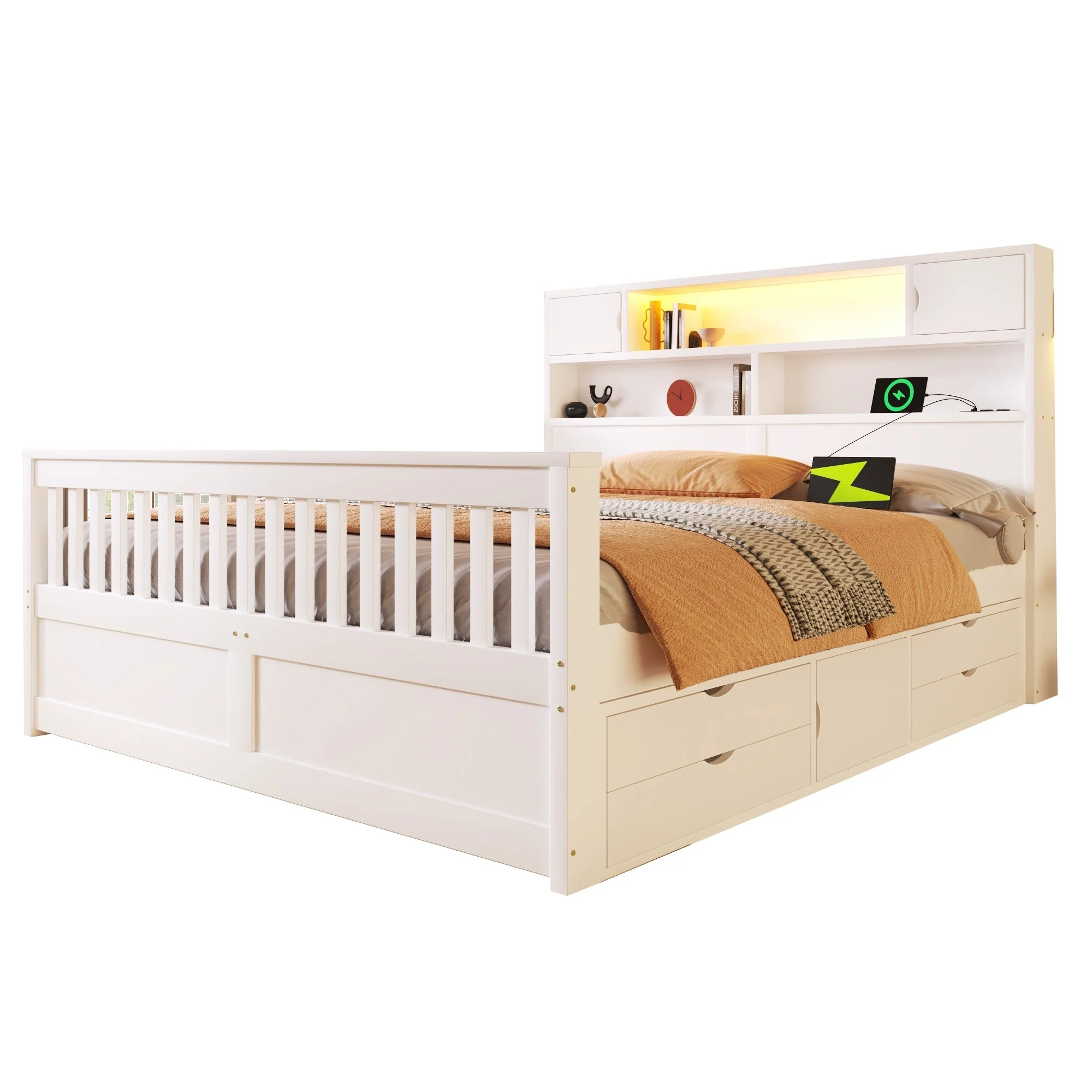 Platform Bed Frame with Storage Shelves, LED, USB and 4 Drawers, 160x200cm, White - Image 5