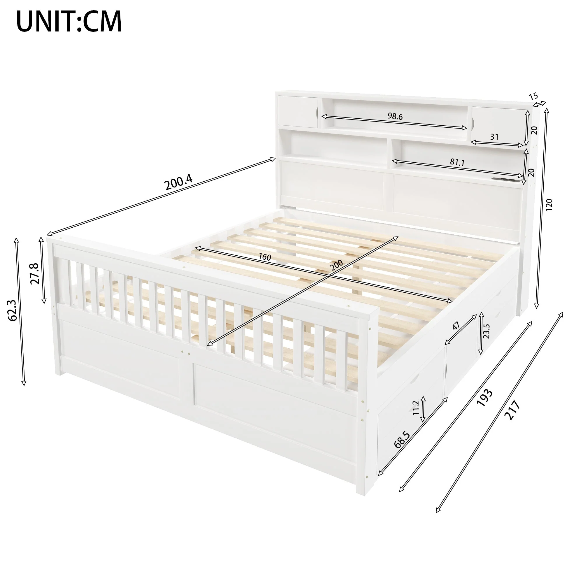 Platform Bed Frame with Storage Shelves, LED, USB and 4 Drawers, 160x200cm, White - Image 6