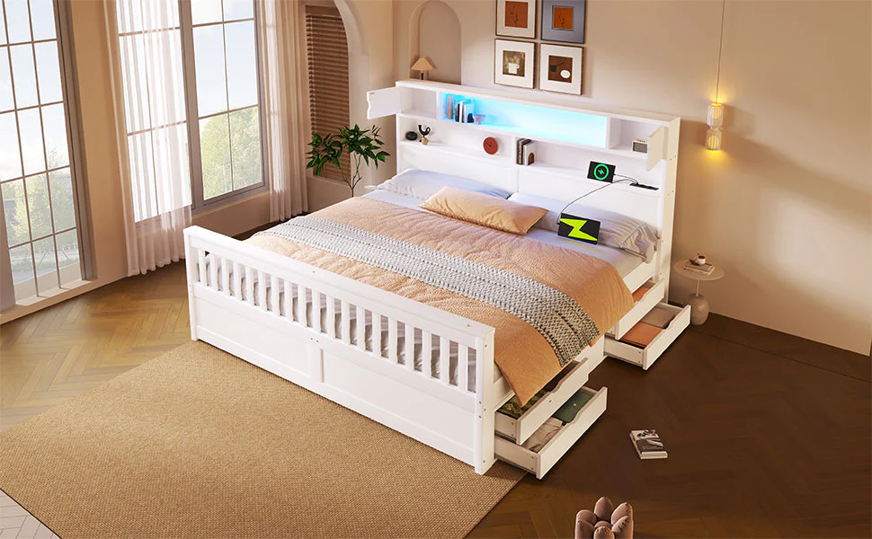 Platform Bed Frame with Storage Shelves, LED, USB and 4 Drawers, 180x200cm, White - Image 9