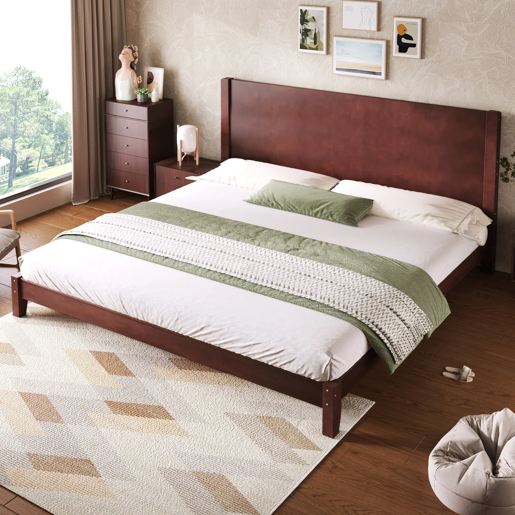 Platform Bed with Headboard and Slatted Base, 180x200cm, Brown Wood - Image 3