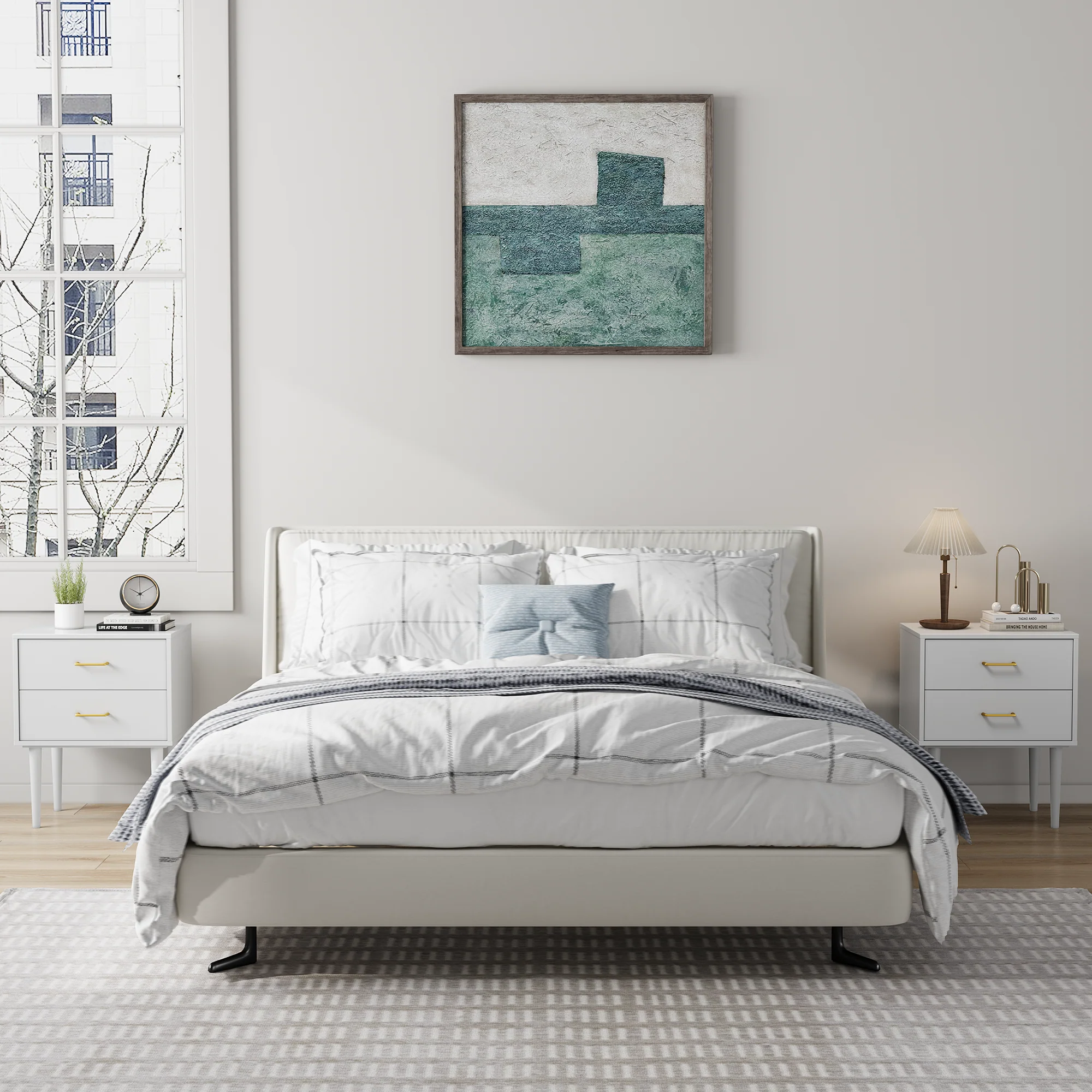 White bedside table with 2 drawers, bedroom nightstand, modern nightstand with wooden legs, 1 piece - Image 5