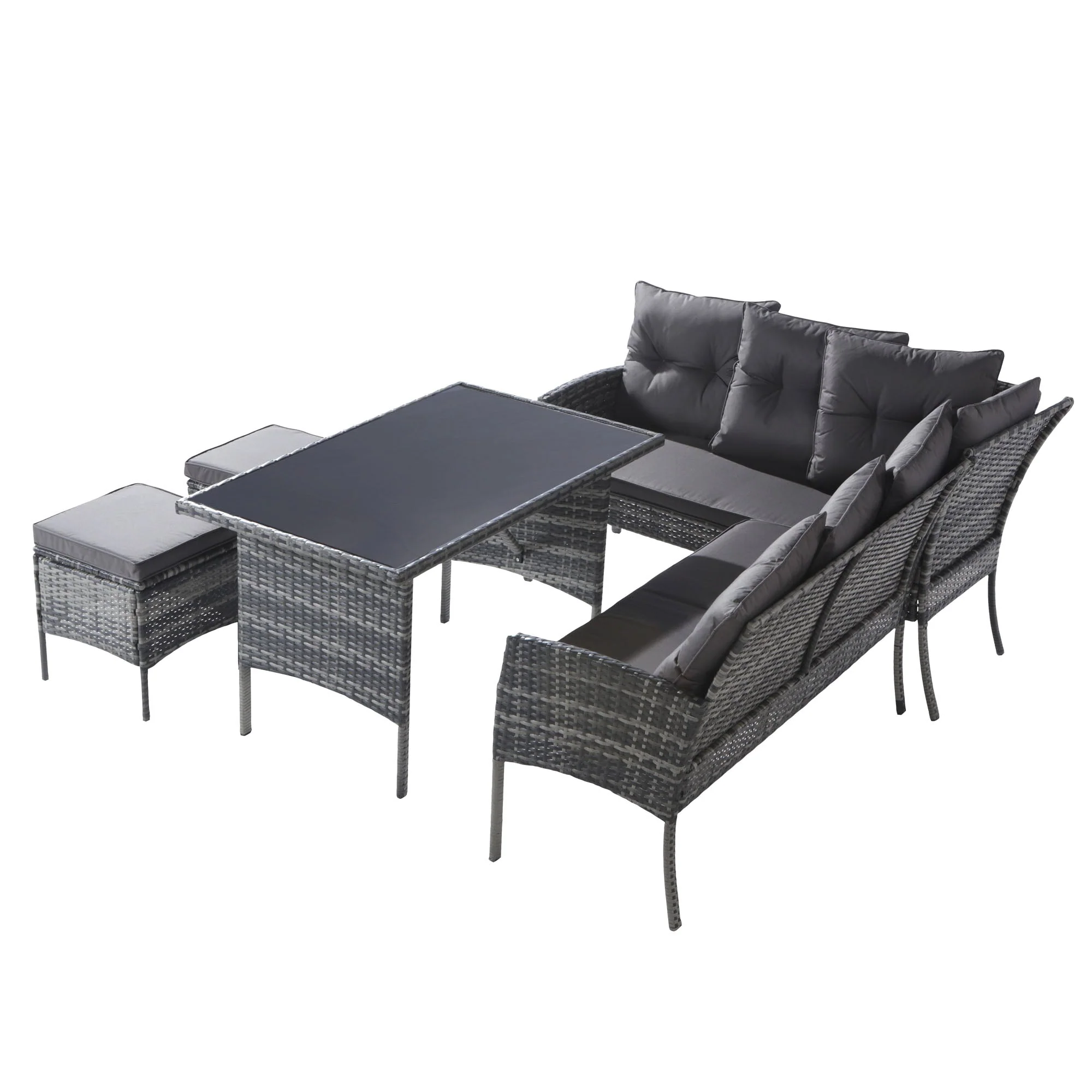 Poly Rattan Dining Set for 7 People with Sofa, Table and Stools, Grey - Image 10