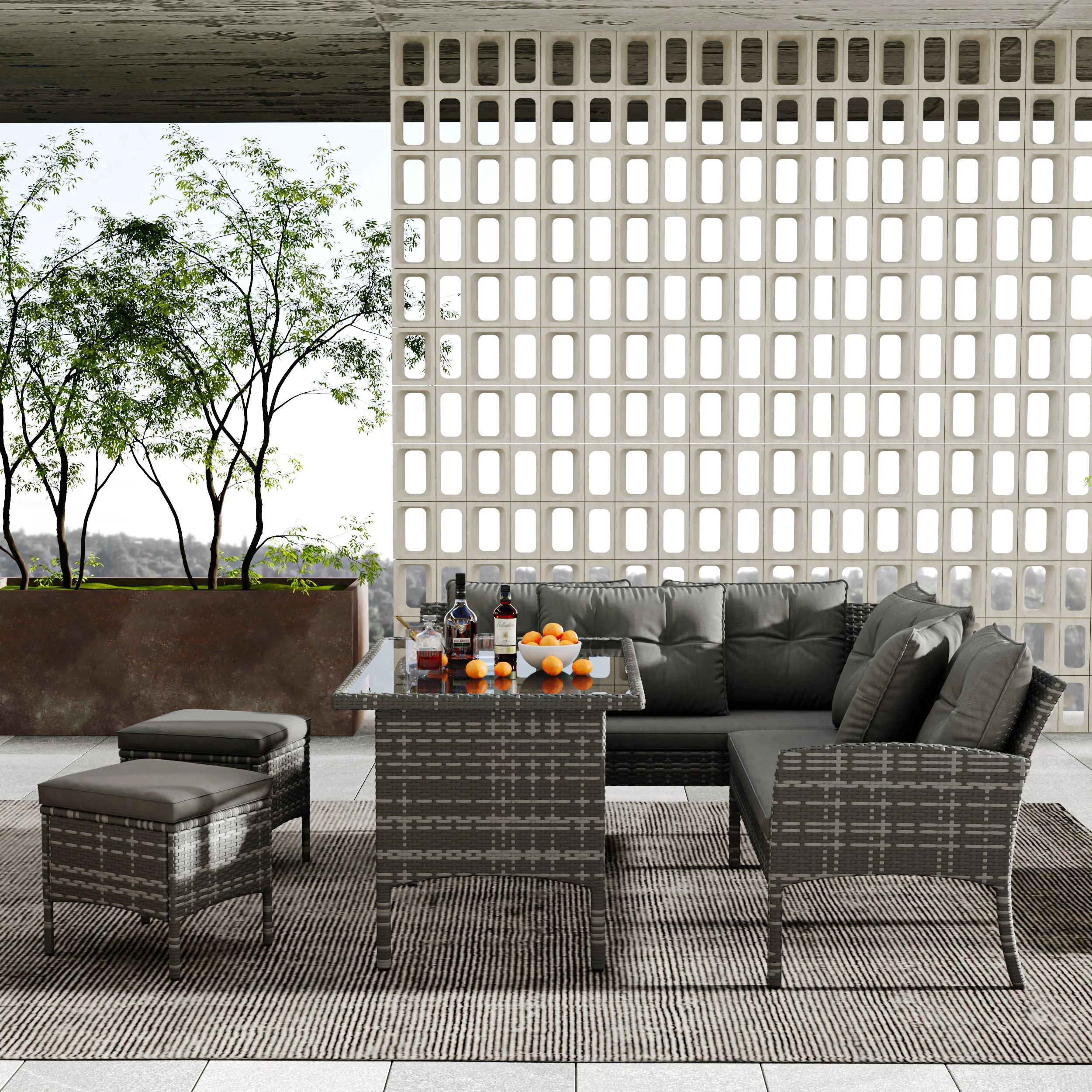 Poly Rattan Dining Set for 7 People with Sofa, Table and Stools, Grey - Image 2