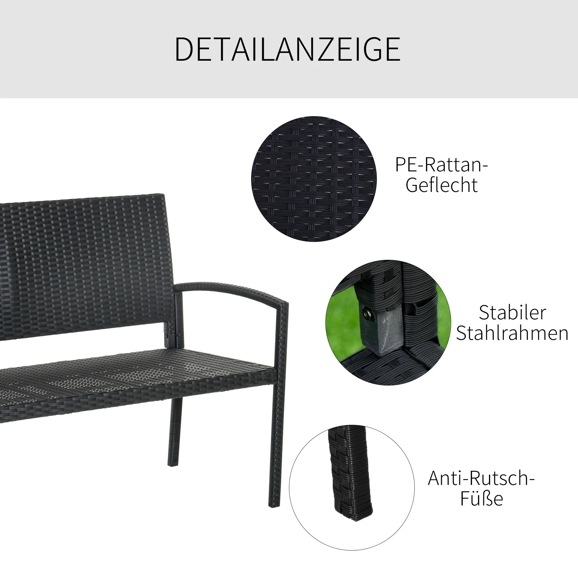 Polyrattan Garden Bench 2-Seater Park Bench Steel Frame Wicker, Black - Image 8