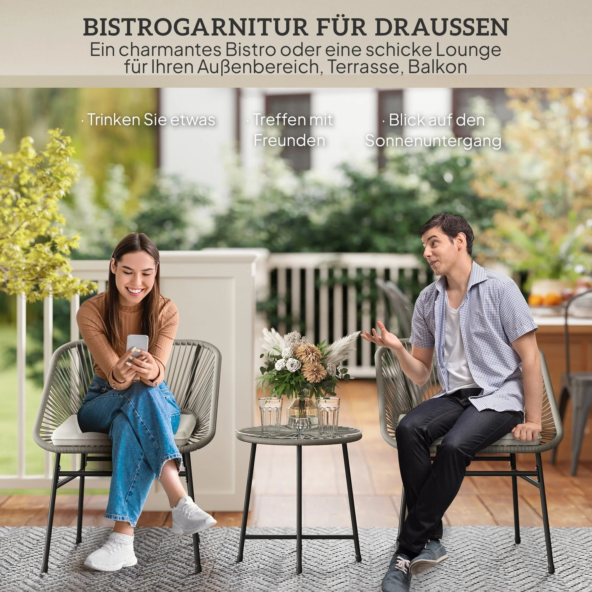 Polyrattan Garden Furniture Set for 2, 3-Piece with Chairs and Side Table, Dark Gray - Image 4