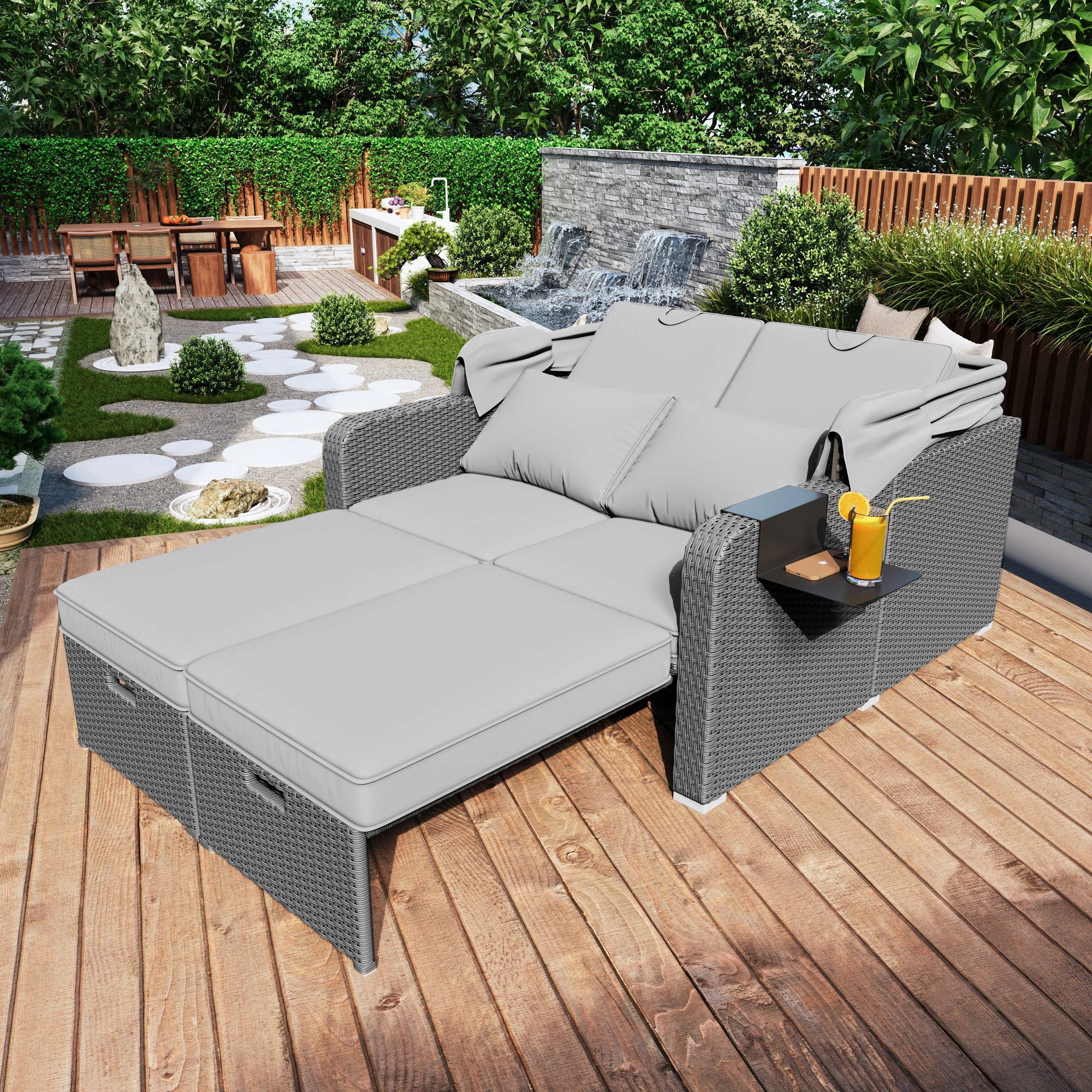 Polyrattan Garden Furniture Set for 2 People with Removable Awning, Grey - Image 5
