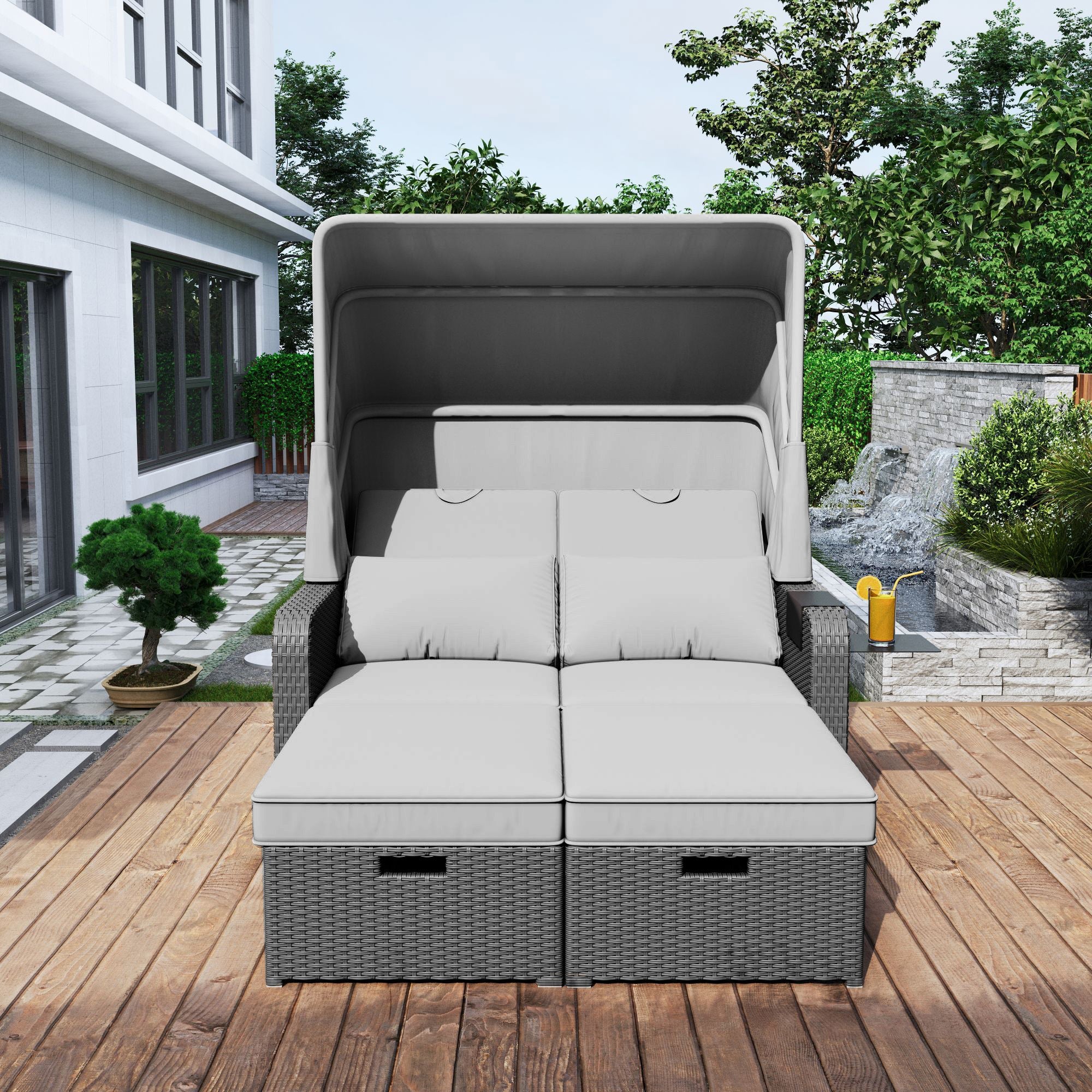 Polyrattan Garden Furniture Set for 2 People with Removable Awning, Grey - Image 6