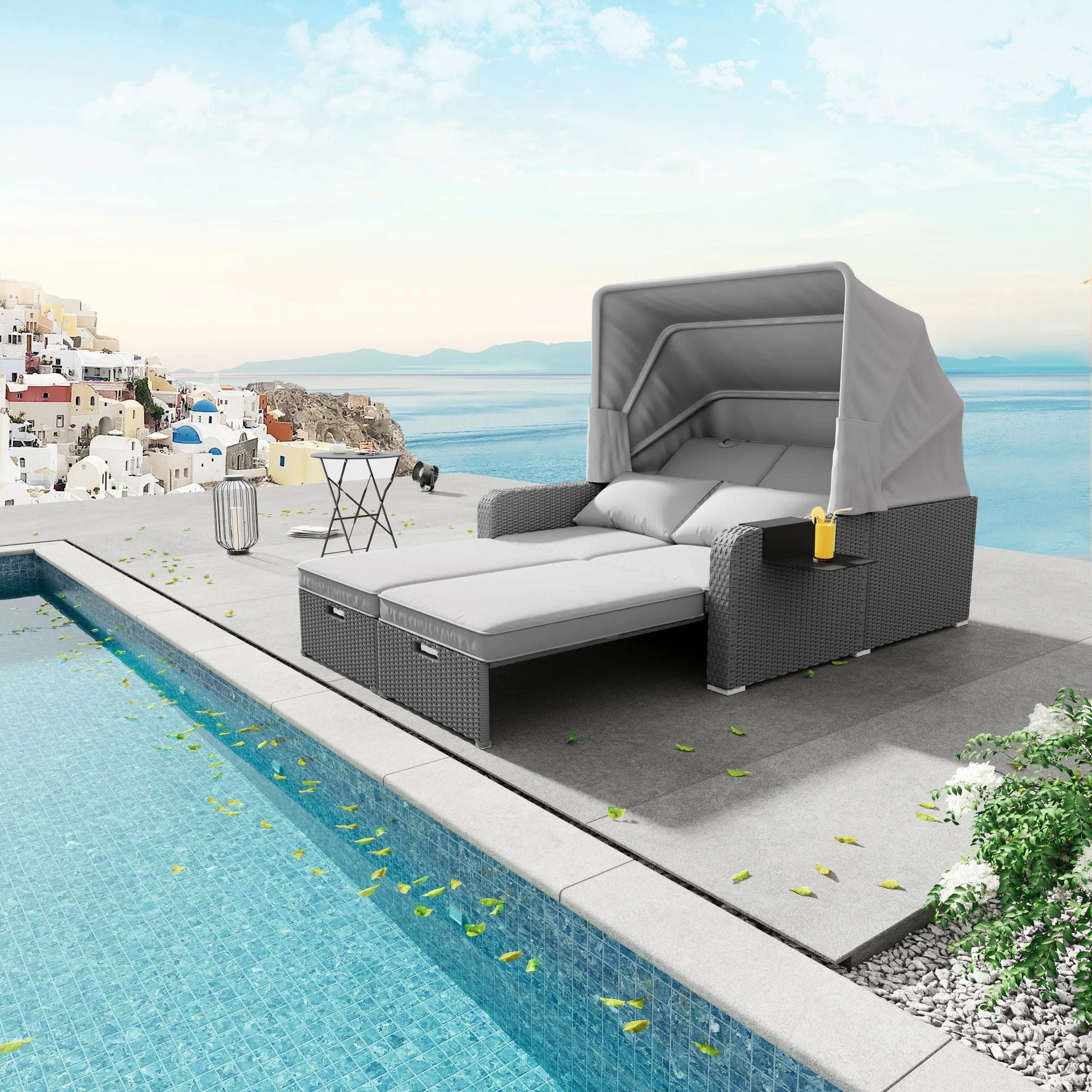 Polyrattan Garden Furniture Set for 2 People with Removable Awning, Grey - Image 8