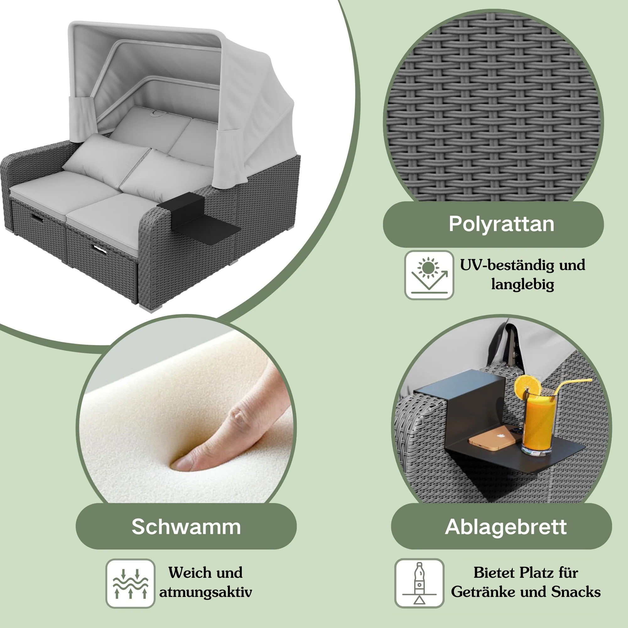 Polyrattan Garden Furniture Set for 2 People with Removable Awning, Grey - Image 9
