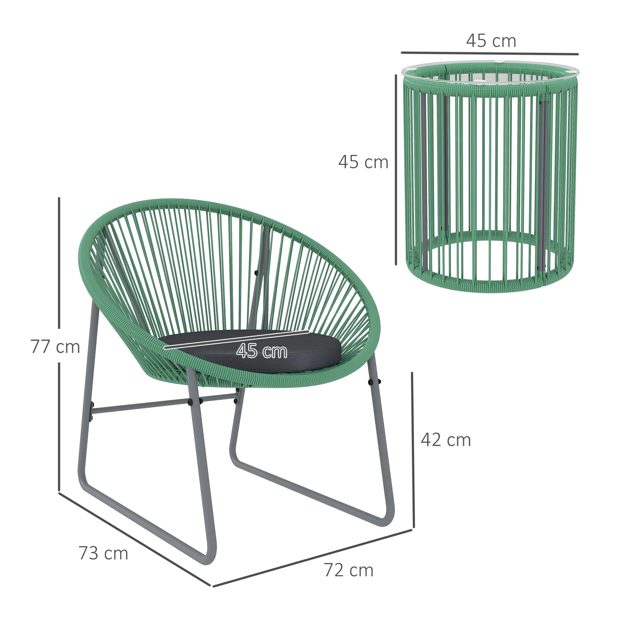 Polyrattan Garden Furniture Set Outdoor Lounge for 2 People 3-Piece Seating with 2 Chairs Side Table Cushions Weatherproof Green - Image 3