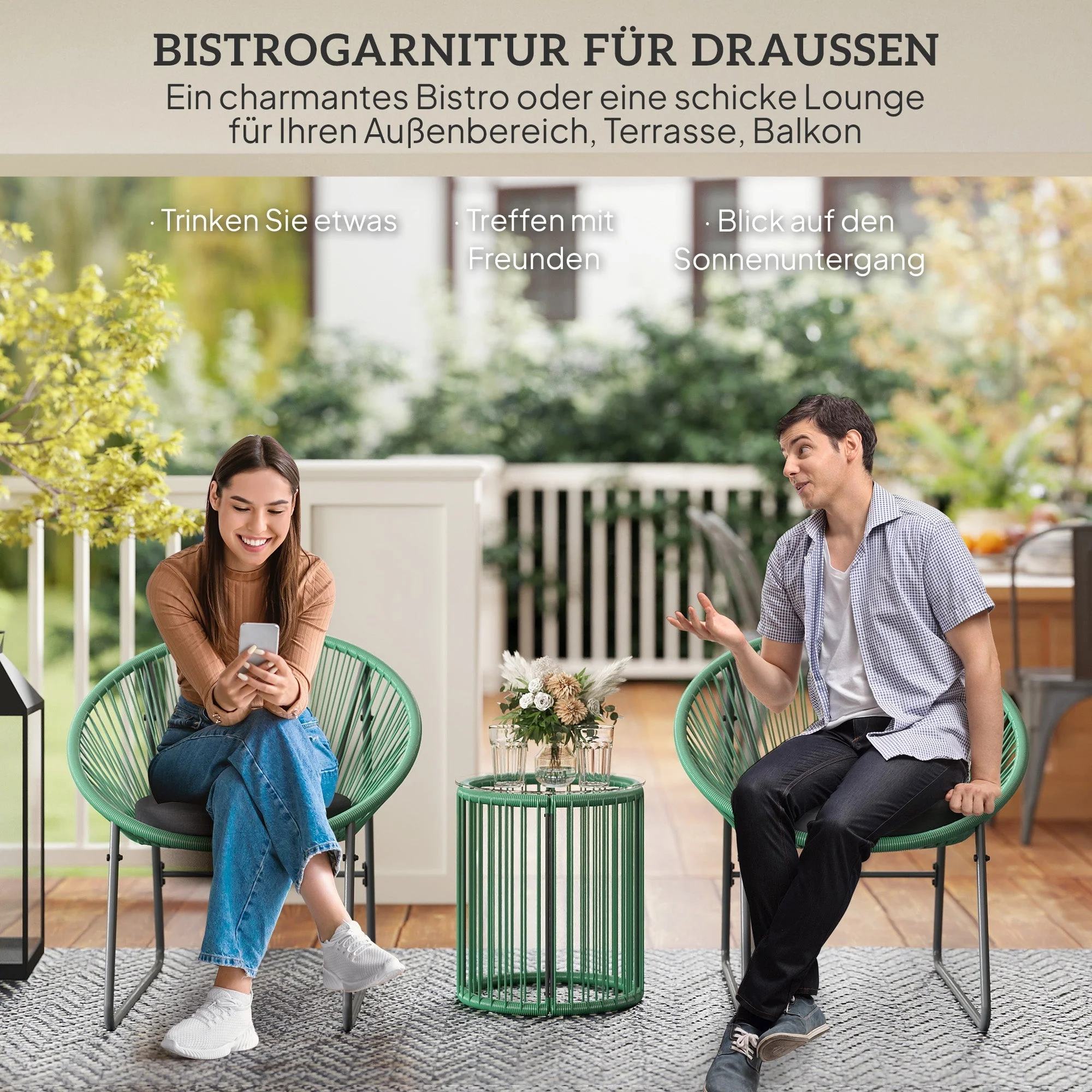 Polyrattan Garden Furniture Set Outdoor Lounge for 2 People 3-Piece Seating with 2 Chairs Side Table Cushions Weatherproof Green - Image 4