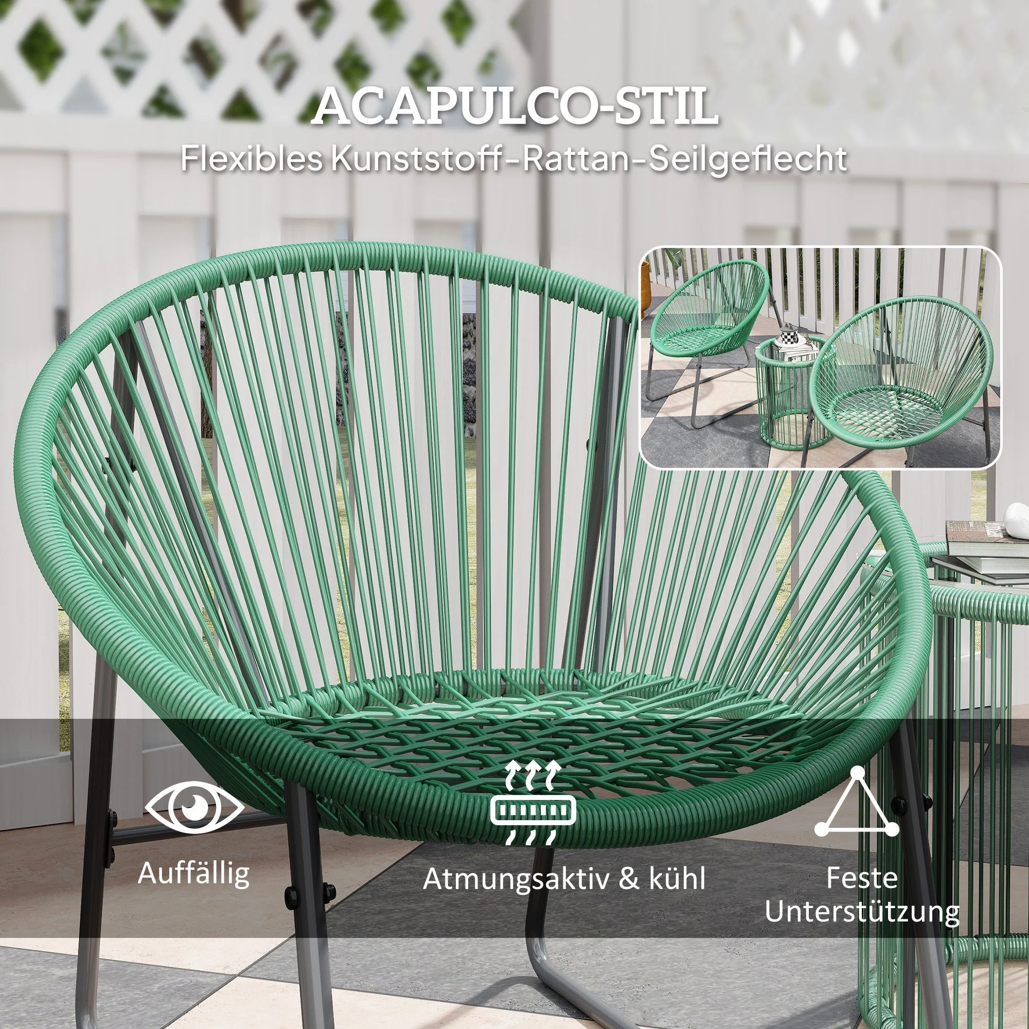 Polyrattan Garden Furniture Set Outdoor Lounge for 2 People 3-Piece Seating with 2 Chairs Side Table Cushions Weatherproof Green - Image 5