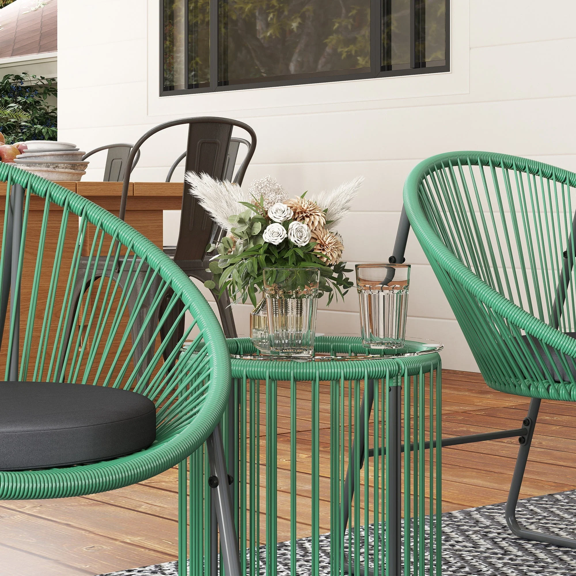Polyrattan Garden Furniture Set Outdoor Lounge for 2 People 3-Piece Seating with 2 Chairs Side Table Cushions Weatherproof Green - Image 7
