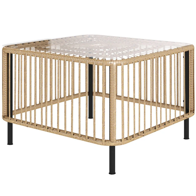 Polyrattan Garden Table, Weatherproof Side Table with Glass Top, Natural Wood - Image 2