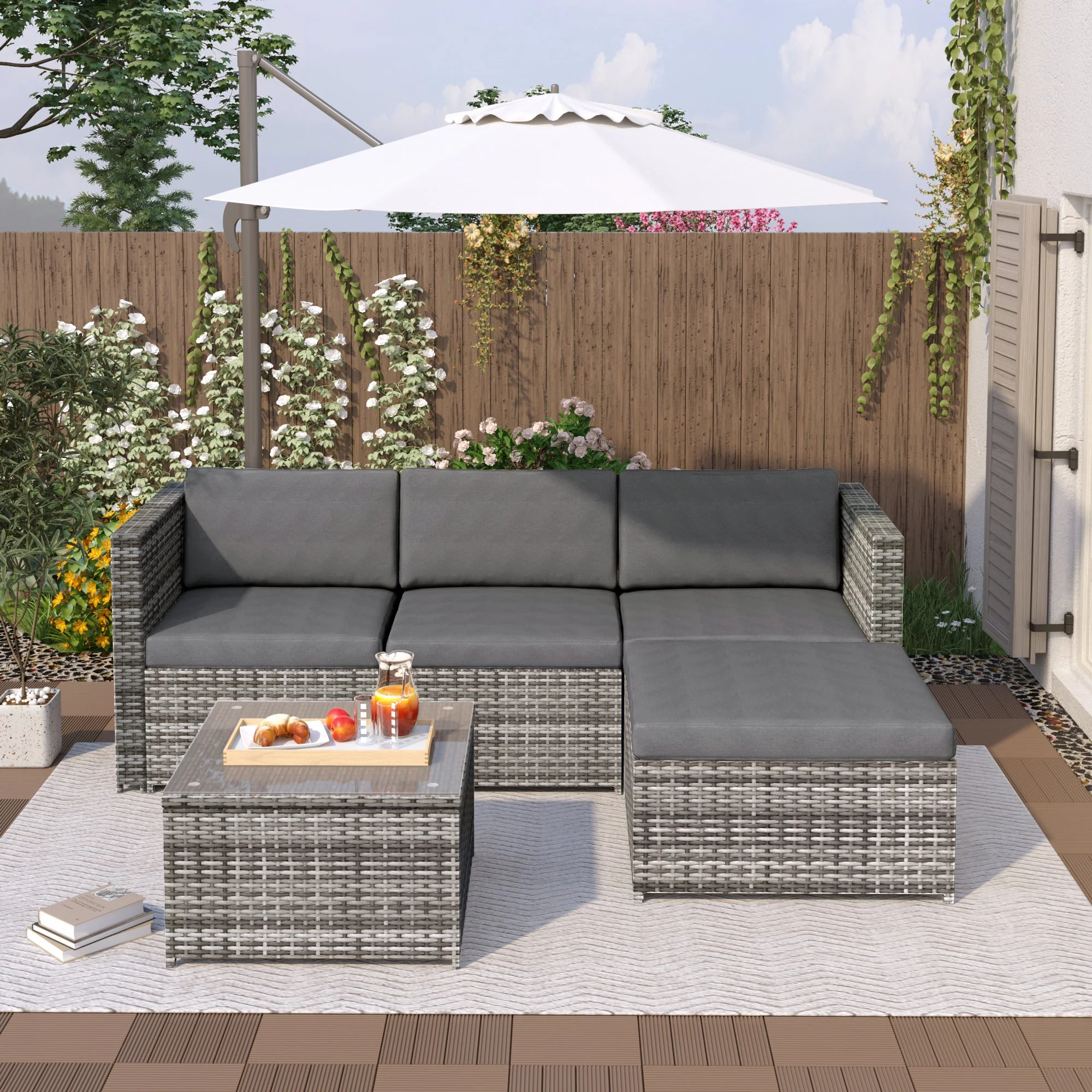 Polyrattan Lounge Sofa Set with Corner Sofa and Glass Top Table, Grey - Image 5