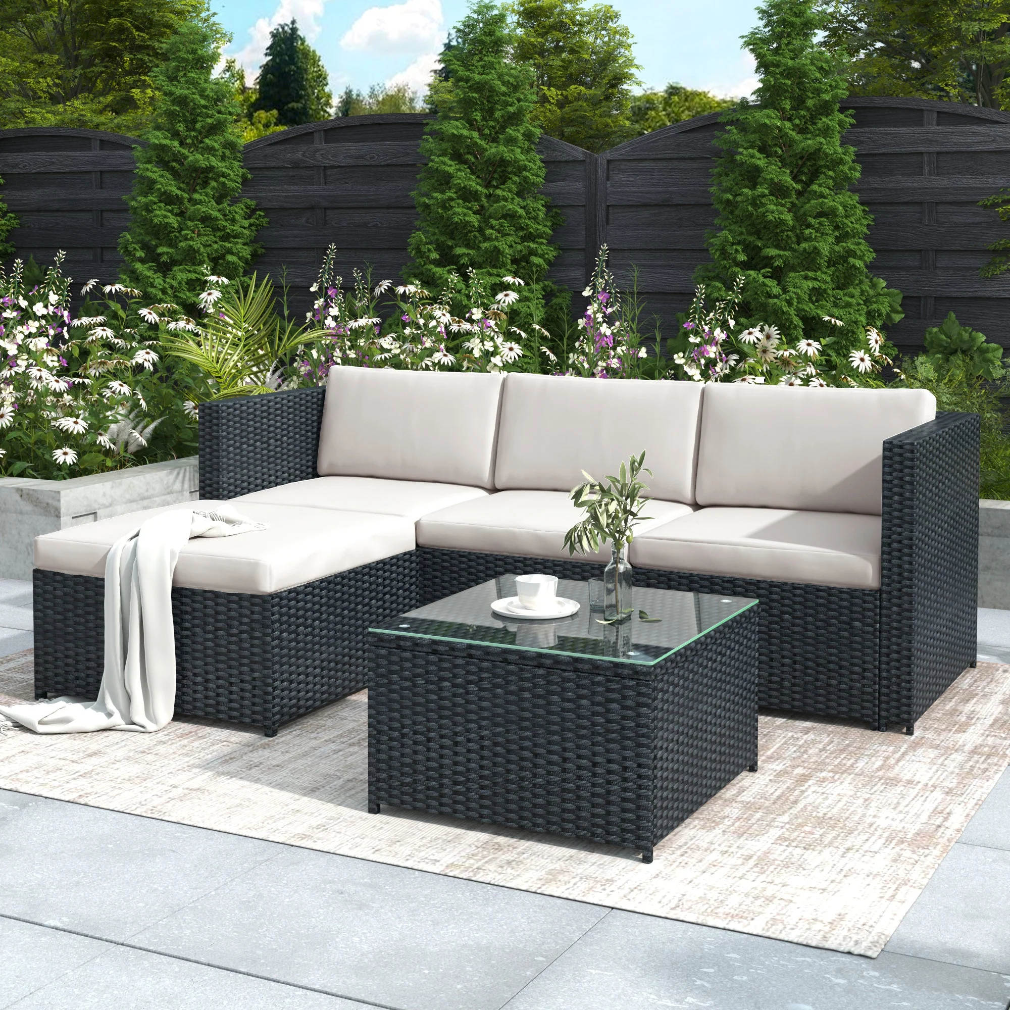 Polyrattan Lounge Sofa Set with Cushions and Glass Top Table, Black - Image 2