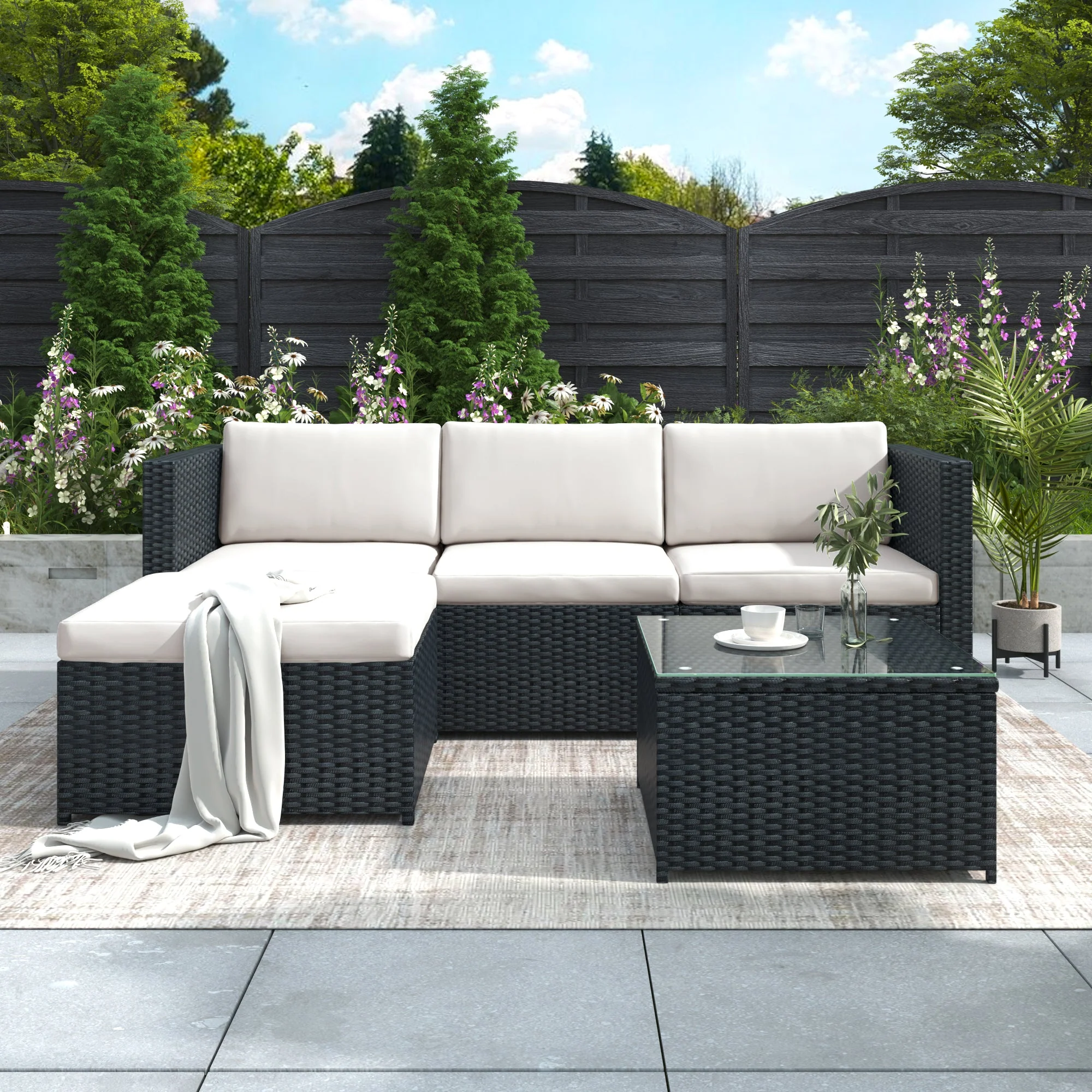 Polyrattan Lounge Sofa Set with Cushions and Glass Top Table, Black - Image 3