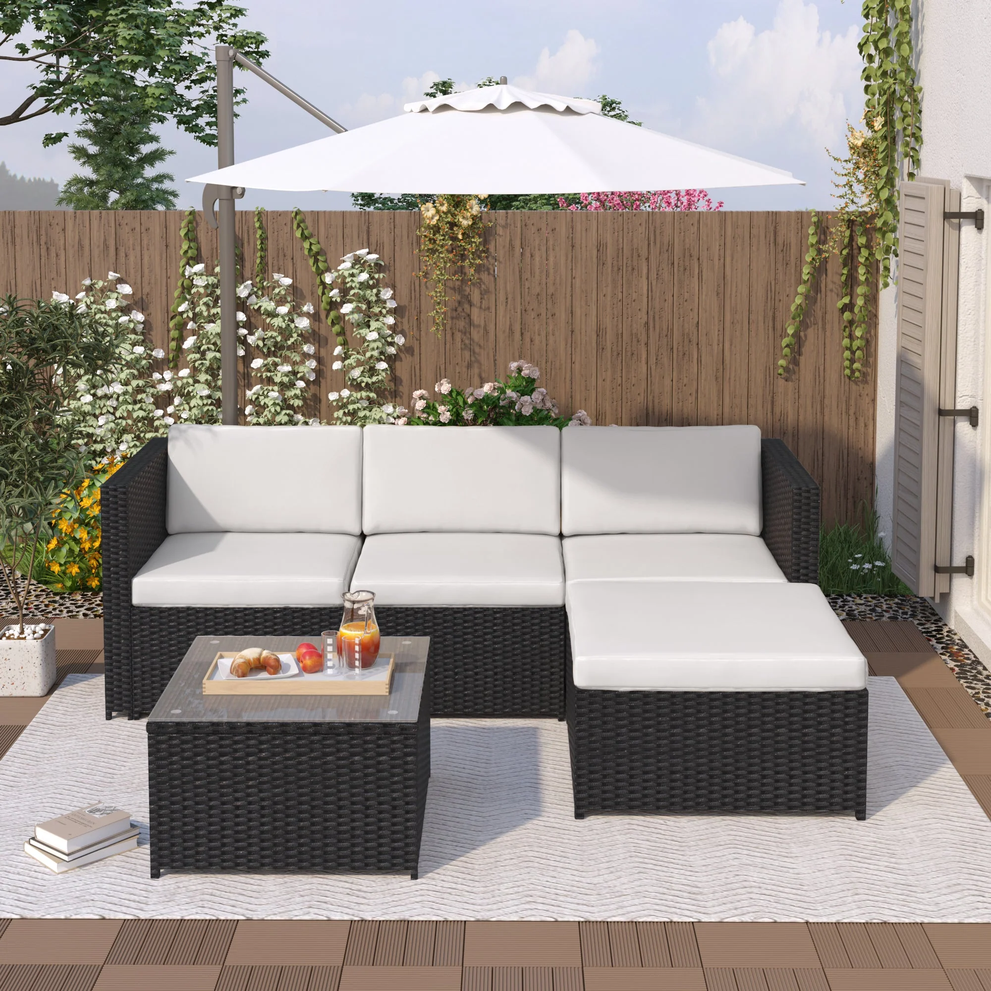Polyrattan Lounge Sofa Set with Cushions and Glass Top Table, Black - Image 5