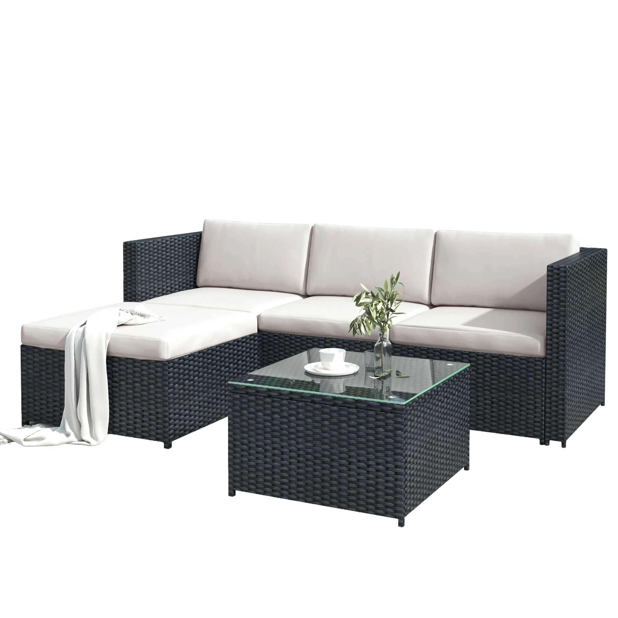 Polyrattan Lounge Sofa Set with Cushions and Glass Top Table, Black - Image 8