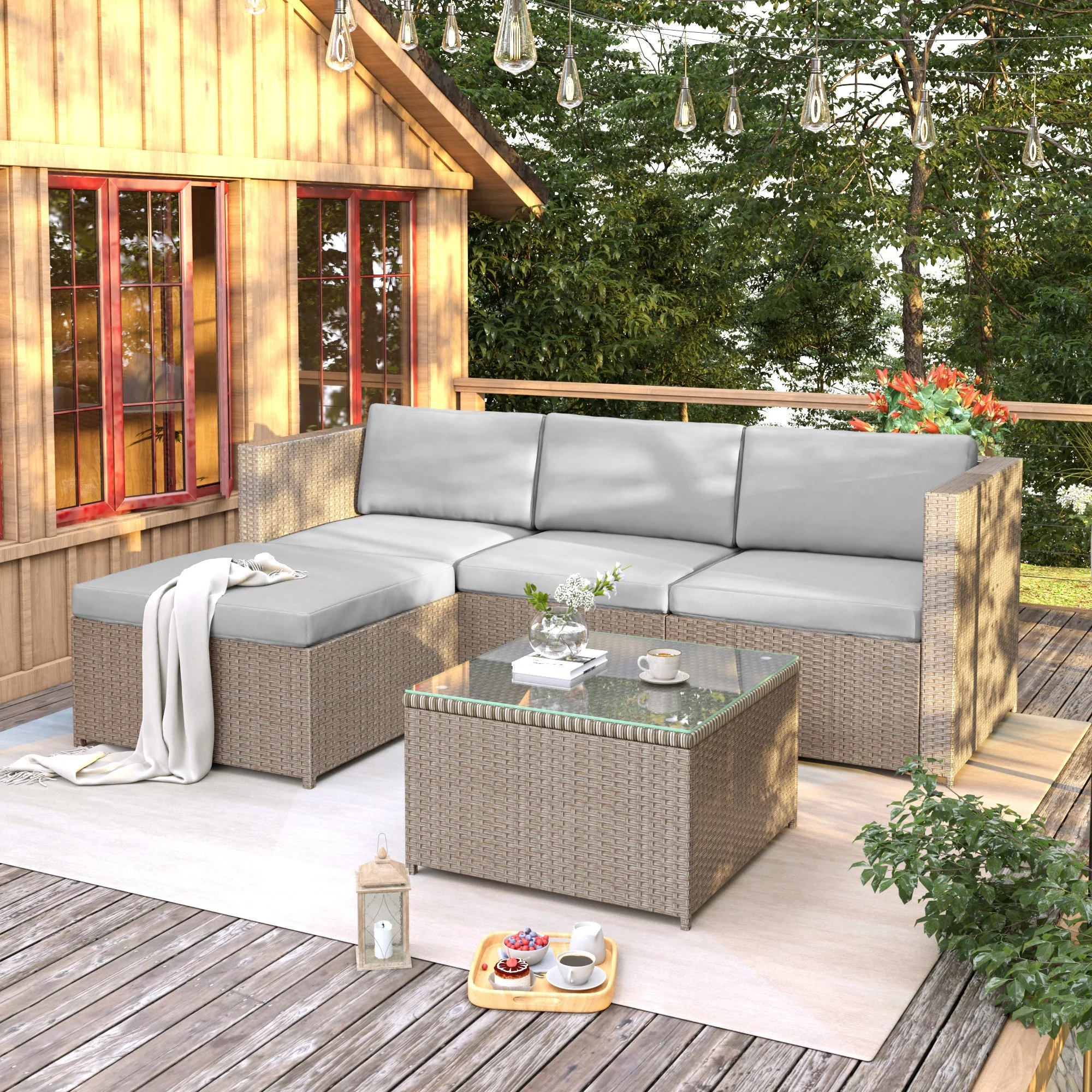 Polyrattan Lounge Sofa Set with Cushions and Glass Top Table, Khaki