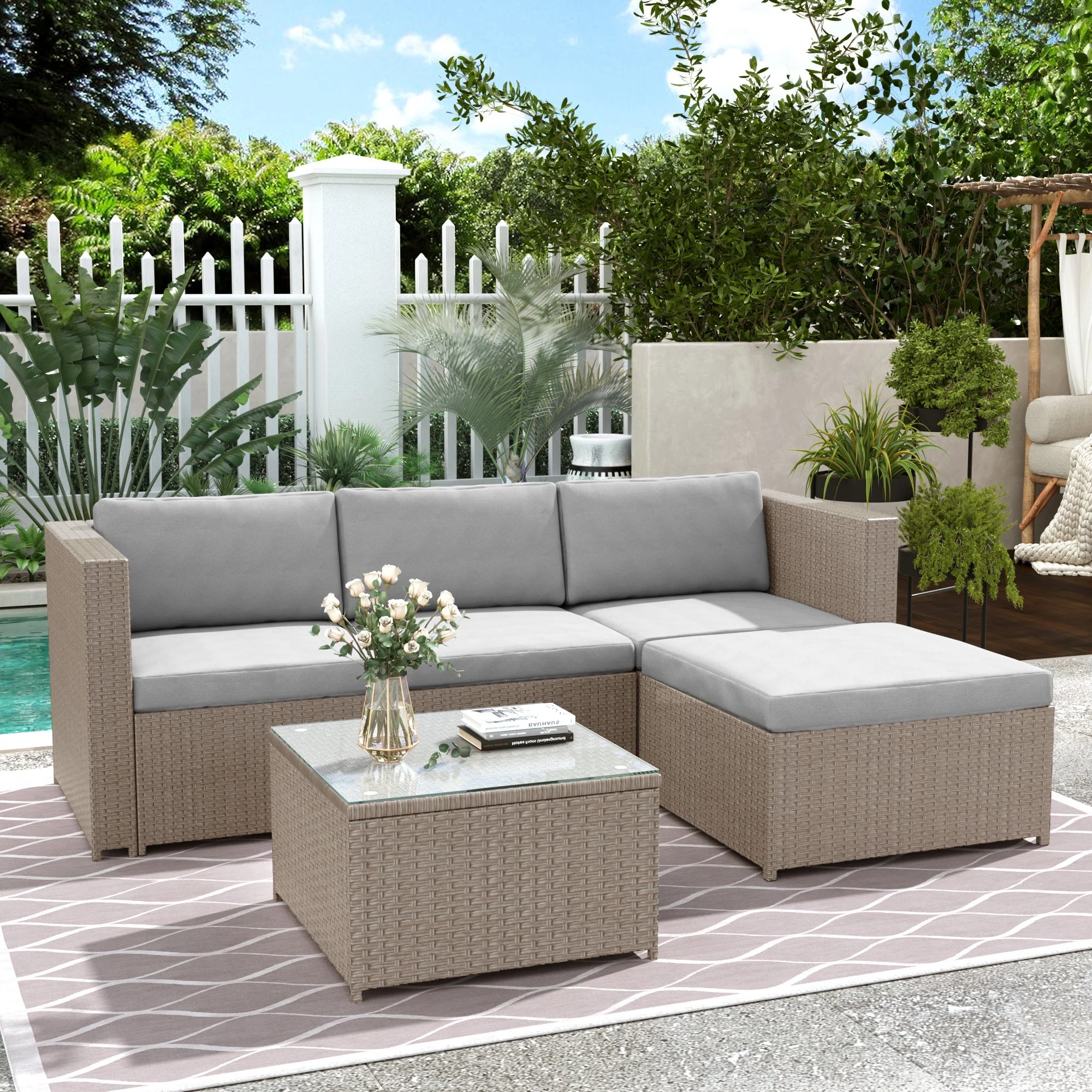 Polyrattan Lounge Sofa Set with Cushions and Glass Top Table, Khaki - Image 3