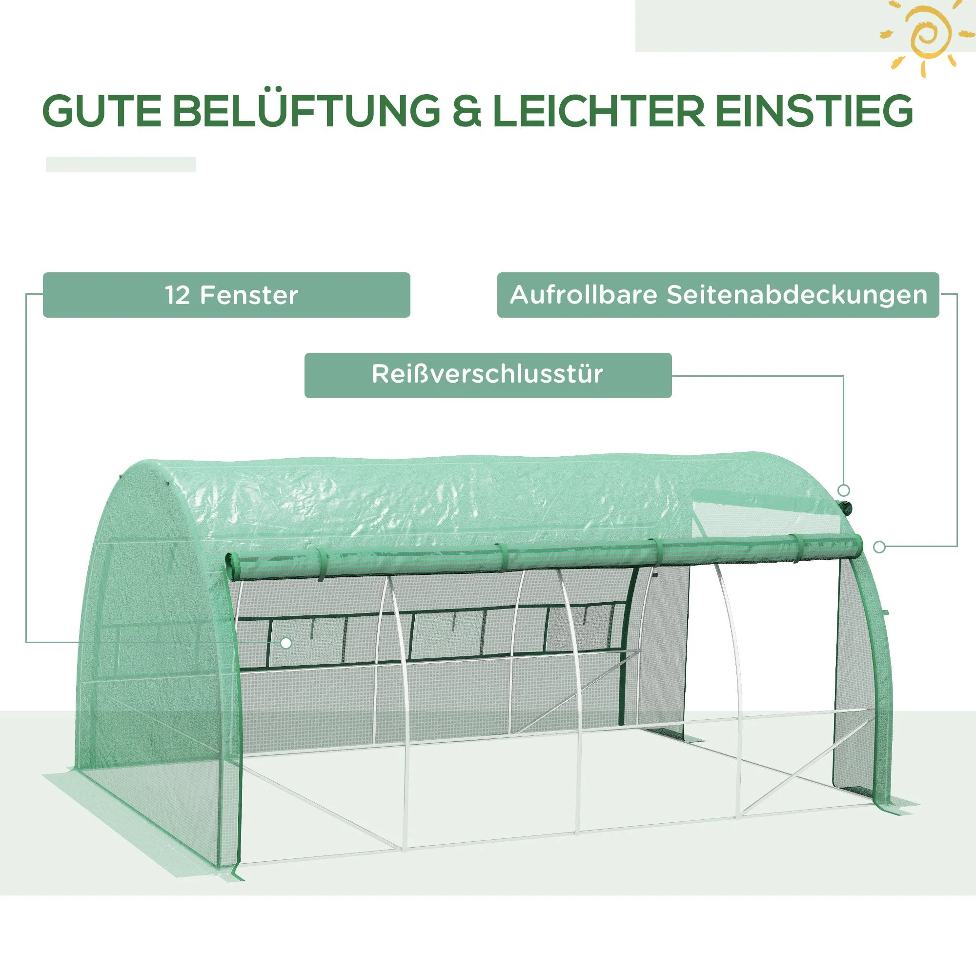Polytunnel Foil Greenhouse 3.97x3x2m Walk-in UV Protection Roll-up Covers, Green Steel - Image 5
