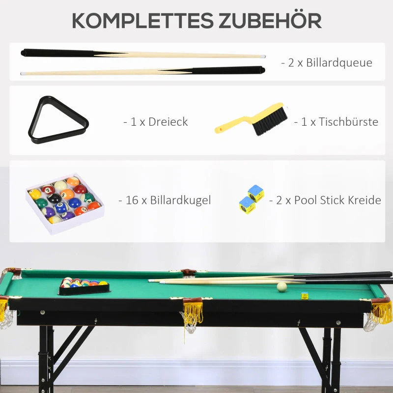 Pool Table with Folding and Height-Adjustable Design, Includes 2 Queues and 16 Balls, Green - Image 6
