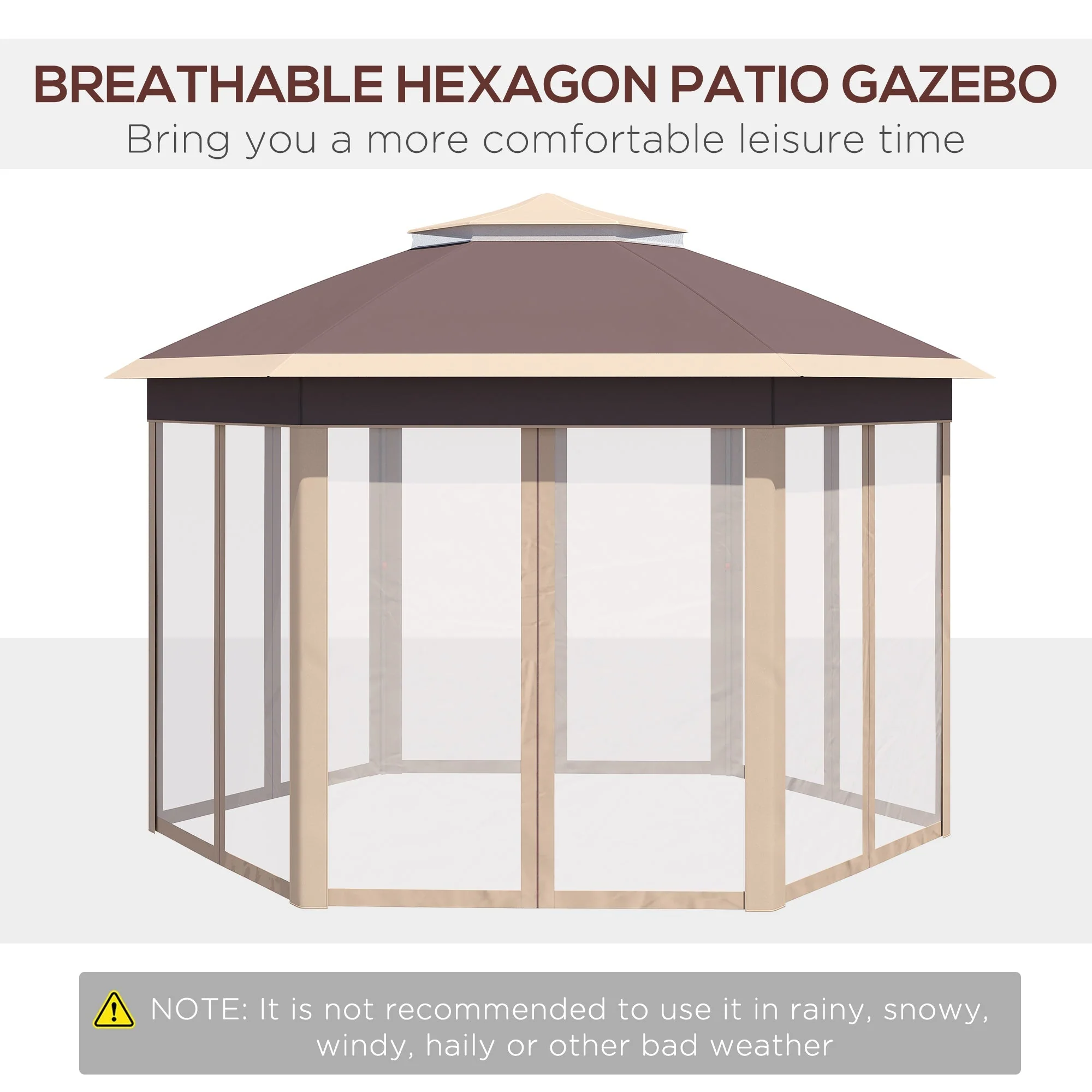 Pop-up Folding Pavilion, Hexagonal 4x4m Water UV-Resistant Double Roof, Polyester Beige/Khaki - Image 4