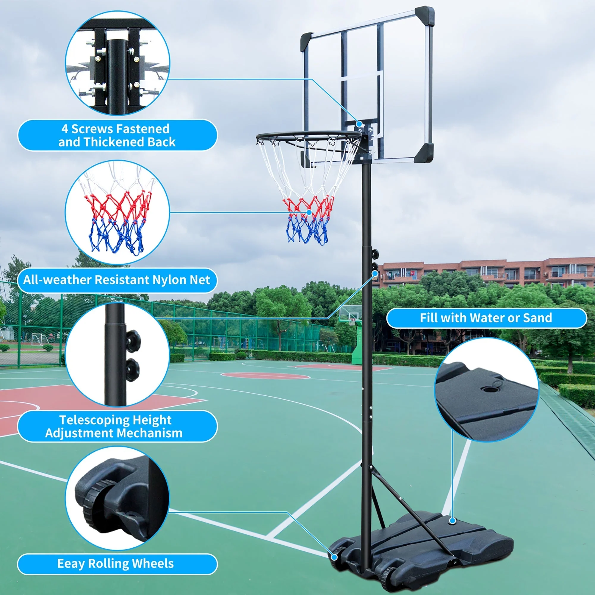 Portable Basketball Hoop, Adjustable Height, Indoor/Outdoor, with Wheels - Image 6