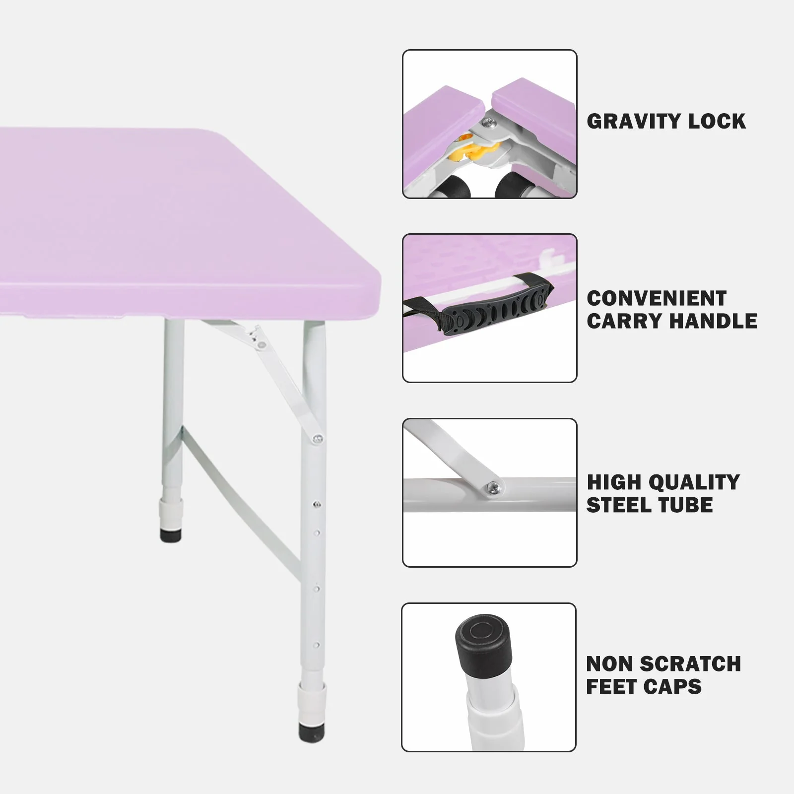 Portable Folding Table 125cm, Adjustable Height, Purple - Image 3