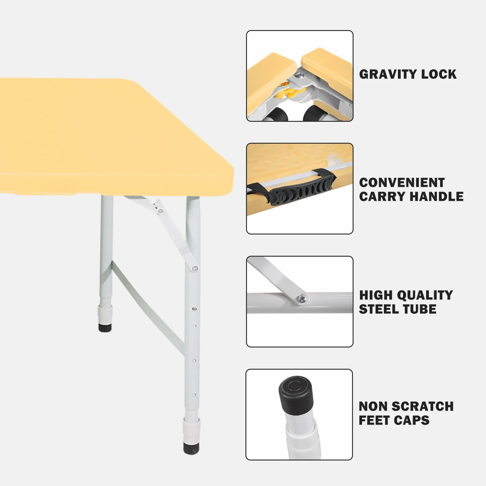 Portable Heavy Duty Folding Table, Adjustable Height, Multi-Functional, Light Yellow - Image 3
