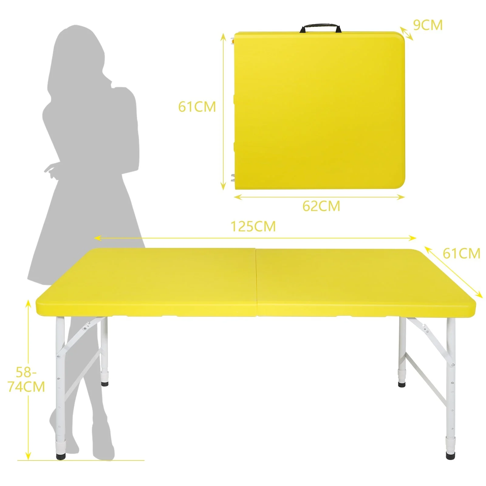 Portable Heavy Duty Folding Table with Handle, Adjustable Height Multi-Functional Table, Yellow - Image 7