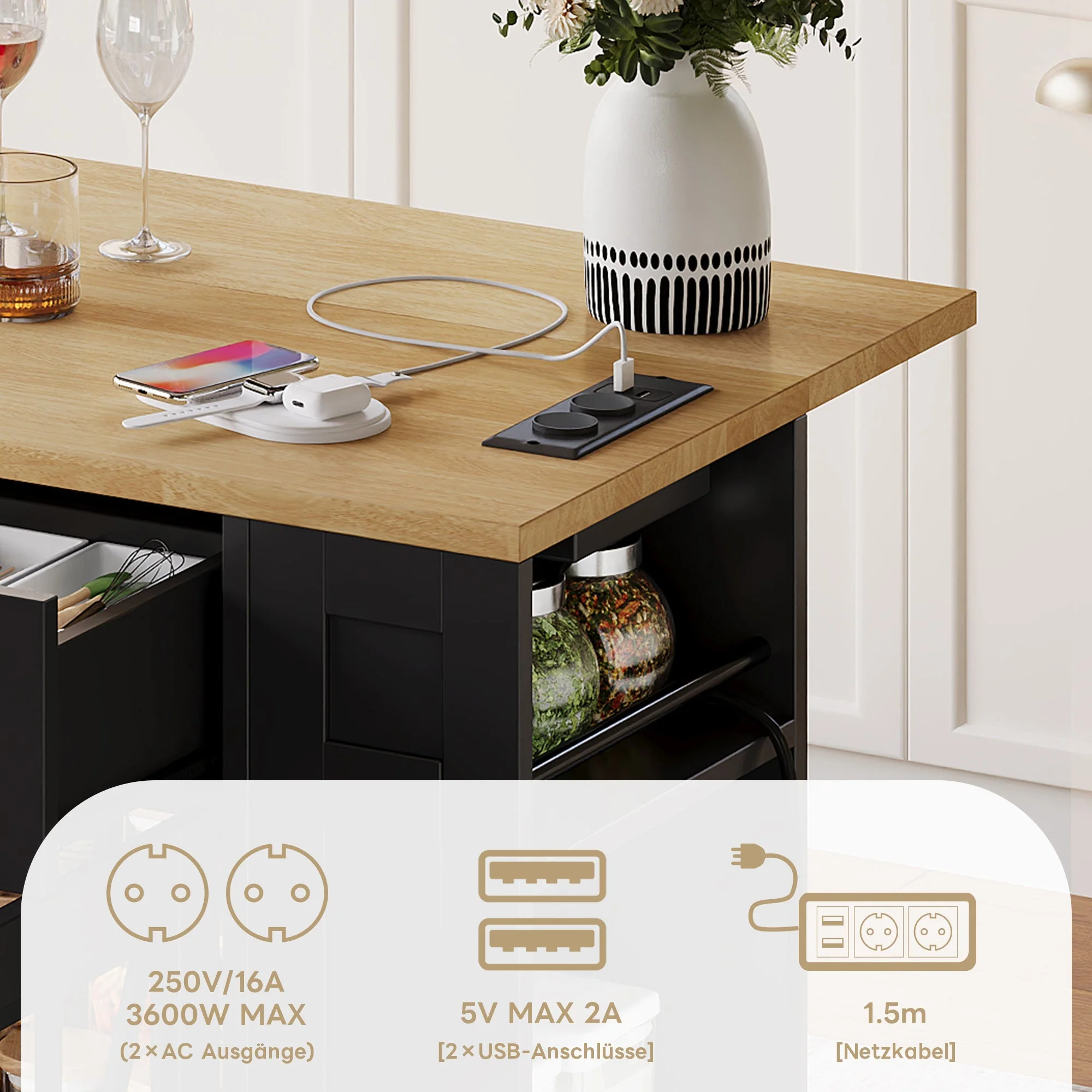 Portable Kitchen Island with Folding Dining Table, AC and USB Ports and Glass Door, Wood Effect - Image 5