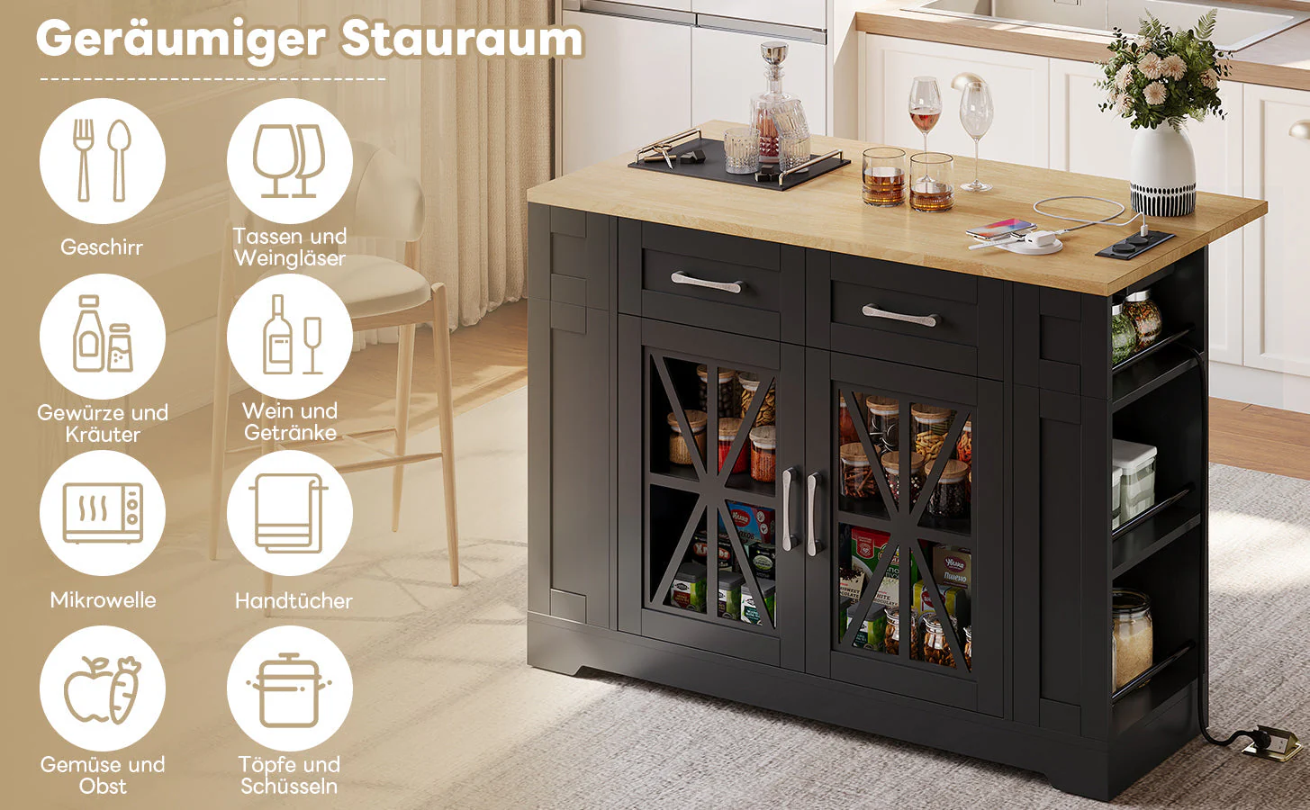 Portable Kitchen Island with Folding Dining Table, AC and USB Ports and Glass Door, Wood Effect - Image 8