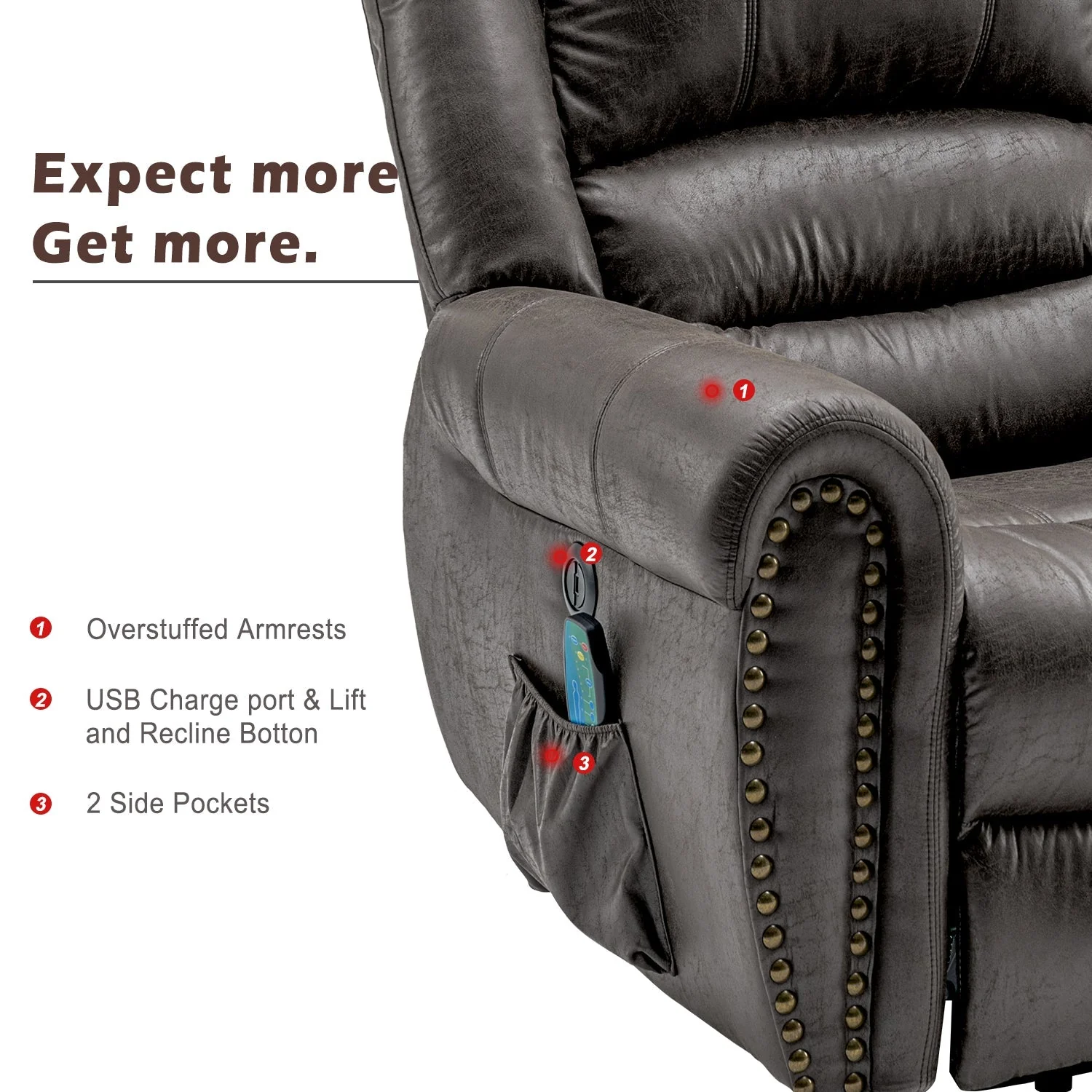 Power Lift Recliner Chair with Massage, Heat, and USB Port, Heavy Duty Electric Faux Leather - Image 2
