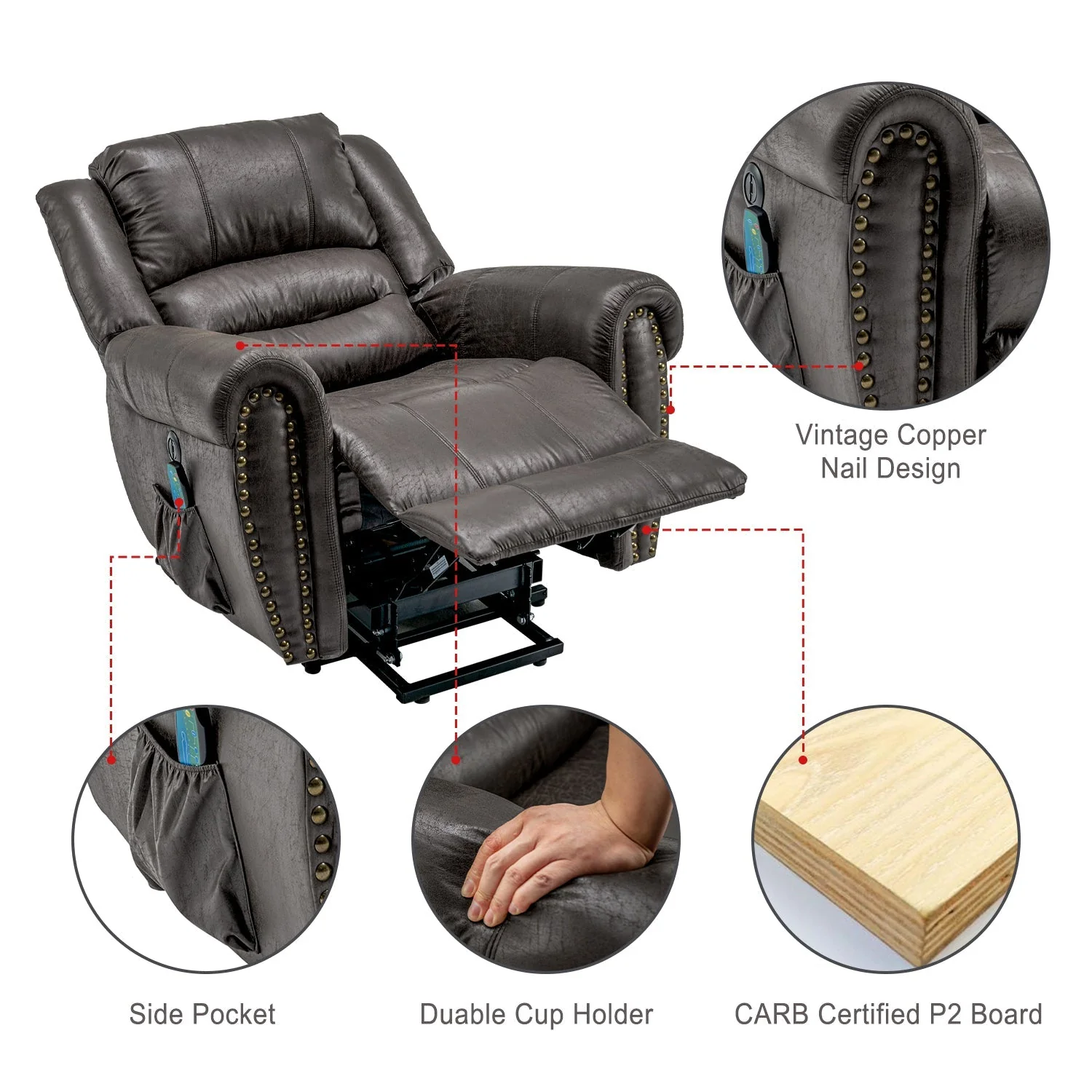 Power Lift Recliner Chair with Massage, Heat, and USB Port, Heavy Duty Electric Faux Leather - Image 5